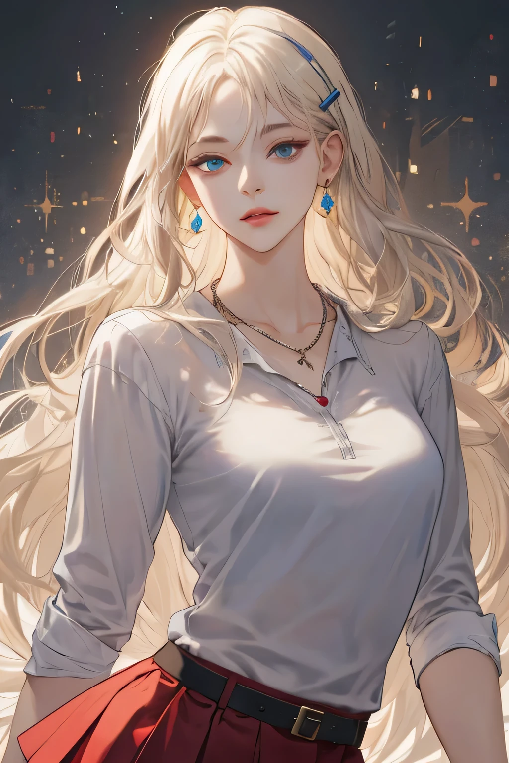 (extreamly delicate and beautiful:1.2), 8K,(masterpiece:1.0),(best_quality:1.0), 1 girl,model and intricate detailing, Enlarged textures, and intricate detailing, finely eye and detailed face, and intricate detailing, shiraga, platinum blonde curls long hair, (closed mouths), Perfect eyes, Equal eyes, carolina eyes (A famale god) with white polo shirt modern and red maroon short skirt span, carolina eyes perfect, perfect, earing, hairpin, perfect body, sexy body, carolina blue perfect eyes, lips nude, necklace blue diamond, half body