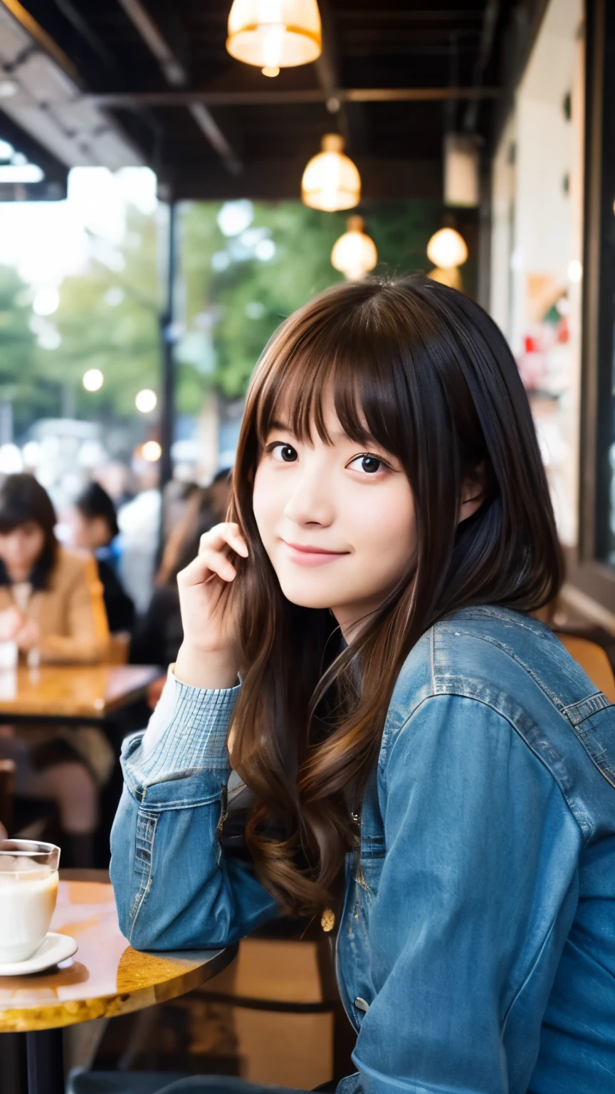 beautiful real american girl, Japanese, in the cafe, crowded cafe, wearing parka