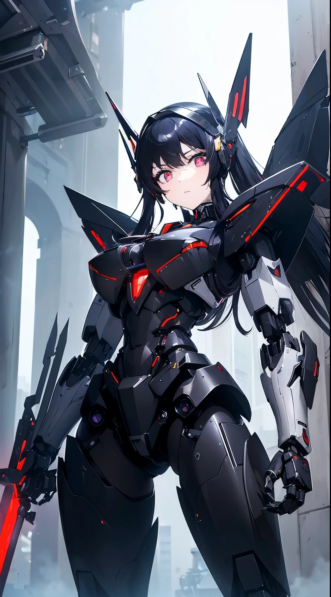 Machine eyes glowing red、Expressionless