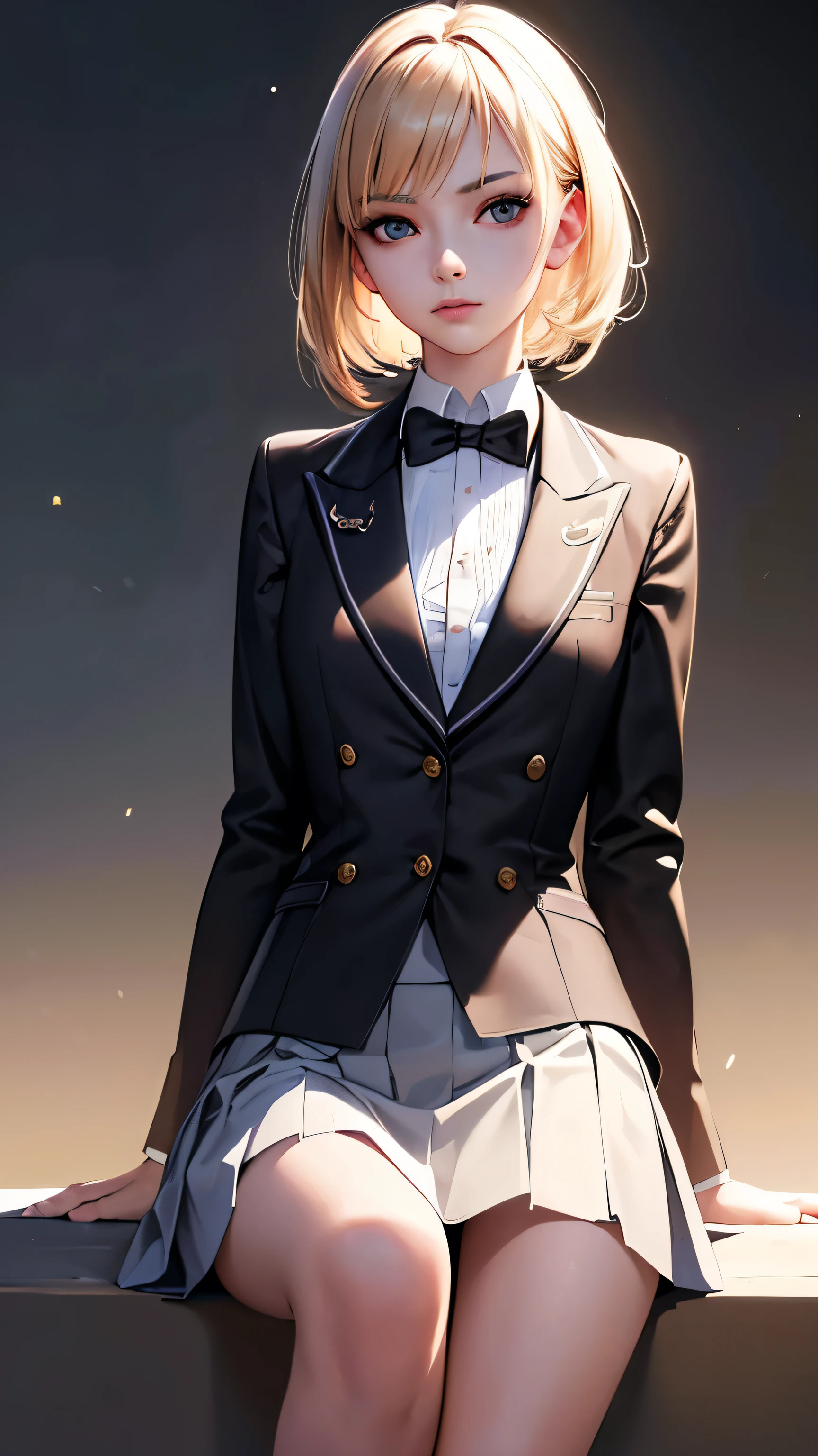 最high quality, masterpiece, One girl with anorexia, Beautiful Face, (Photorealistic photography:1.3), Rim Light, (Skin with attention to detail:1.2), 8k UHD, Digital SLR, high quality, High resolution, 4K, 8k, Bokeh, (Genuine: 1.3), Small face, pretty girl, Black Formal Blazer, Mid-breasted, Short skirt,