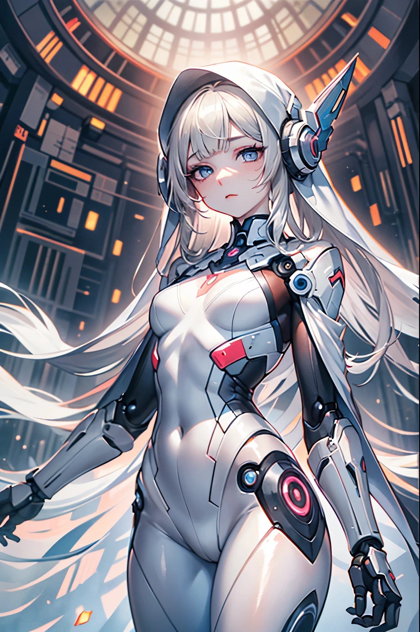 1girl, solo, cowboyshot, ((muture female)), (masterpiece), (best quality), (ultra-detailed), (illustration:1.2), (watercolor_painting:1.0), (highly detailed background:1.2), (thick outline), (perfect hands:1.4, two legs), (long bangs:1.2), shiny hair, (extra-long hair:1.2), white hair, (beautiful eyes:1.2), (gray eyes:1.2), blue gradient eye shadow, middle chest, extremely detailed beautiful anime face, clear pale blush, ((pale skin)), particles, ((Mechanical body)), white Android body, headgear, Sci-fi, Cold stare, (ghostly girl), (white tights), white veil, (expressionless), (empty eyes), composite lighting, professional shading, high quality textures, perfectly structured, natural proportions,