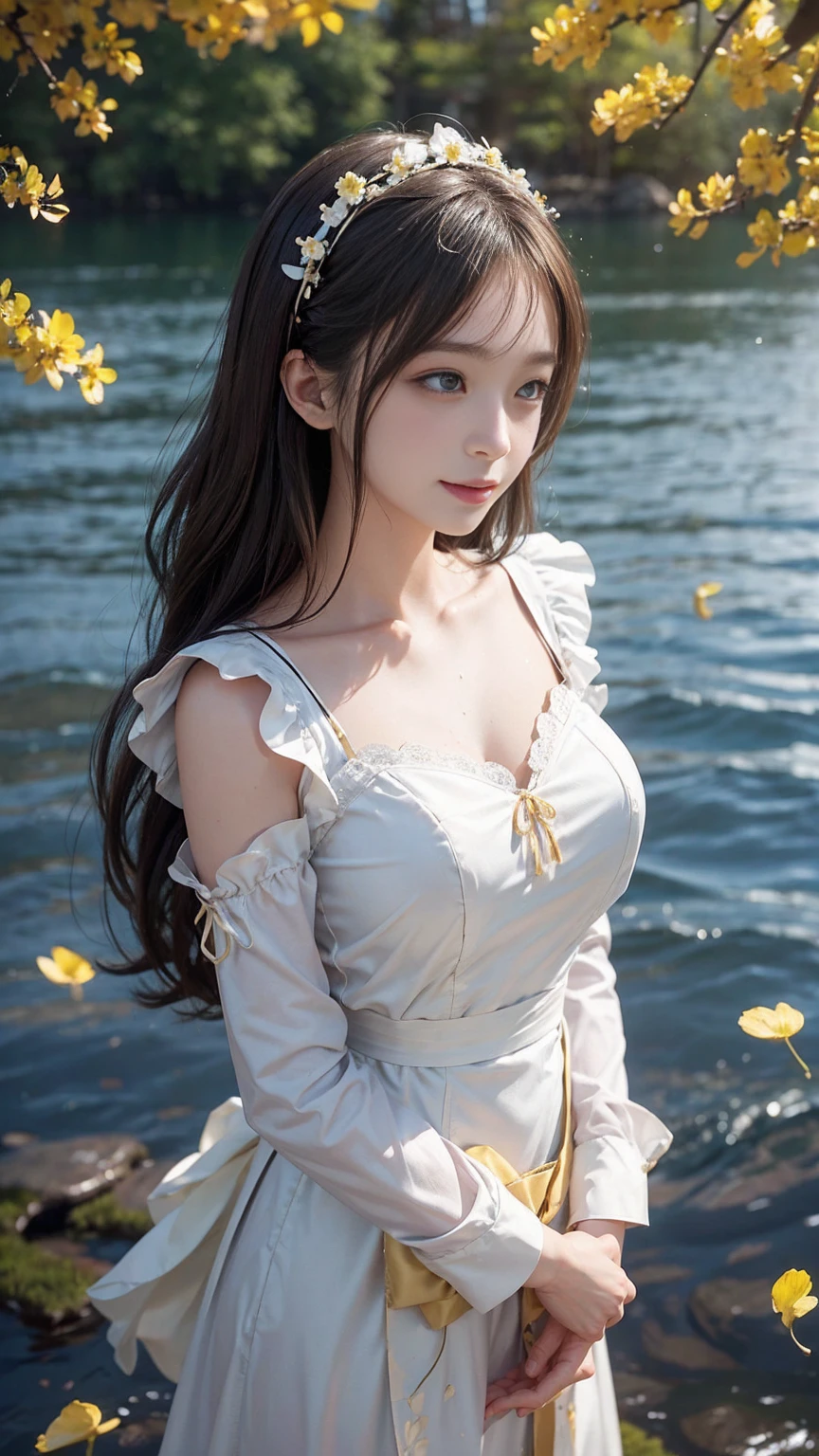 bishoujo,fair_skin,slender,baby face,light_blush,lipstick,smile,afloat,huge filesize,wallpaper,sky,golden hour lighting,cathedral,full_shot,from_above,maid,There are many scattered luminous petals,Hidden in the light yellow flowers,Depth of field,Many flying drops of water,Many scattered leaves,branch ,angle ,contour deepening,cinematic angle,