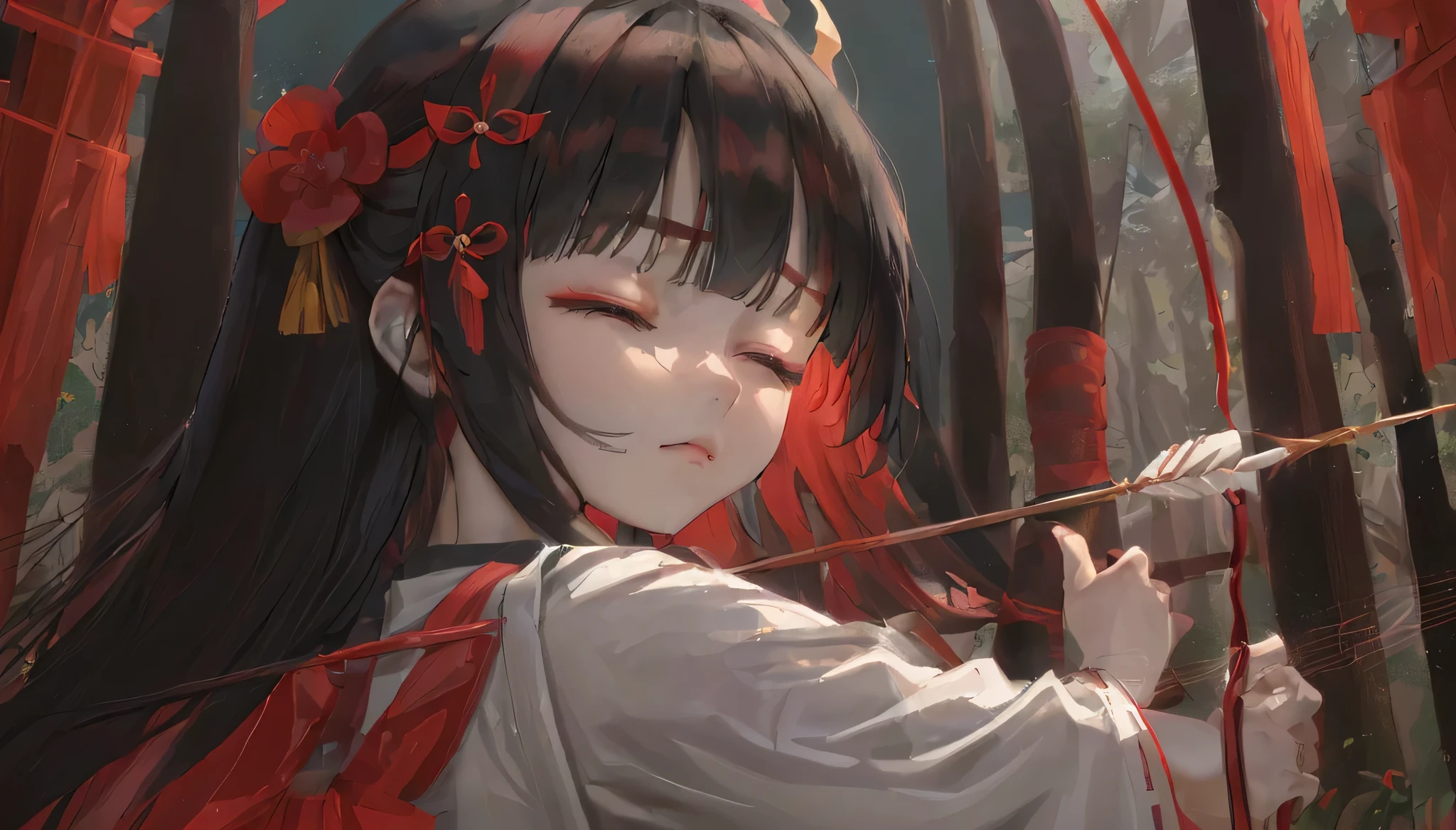 profile, ((Longbow Battle style)) (left hand is holding a detailed divine longbow, right hand is shooting an divine arrow stance), (solo blunt bangs black hair long hair cute shrine maiden girl, , sexy closed eyes, serious face), (in a shrine maiden costume), BREAK, (in the darkness, in night forest), perfect anatomy, masterpiece, best quality, 16k.