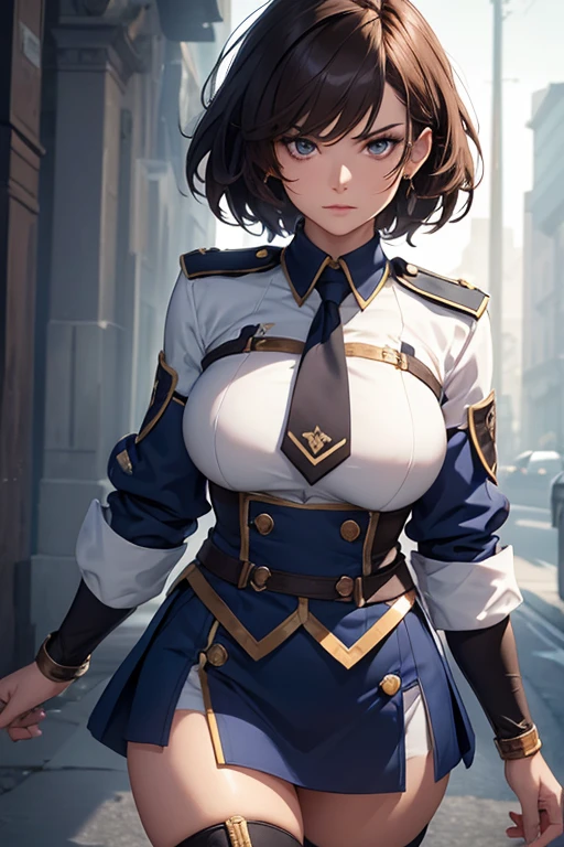 "masterpiece, top-quality, the Extremely Detailed CG Unity 8K Wallpapers, Ultra-realistic 8kCG, erfect artwork, The perfect female figure, Dramatic shadows, she is wearing a student girl uniform with a blue armband, She is a Commoner, with brown hair and eyes, despite her plain appearance, she has a certain rugged beauty. Her jawline is sharp and angular, giving her an intimidating glare, but her lips are full and plush in an alluring way. Her hair is cut short and choppy, but the way it falls around her face gives her a fierce and defiant air. you can see that the curves of her body are pronounced and well-defined band"
