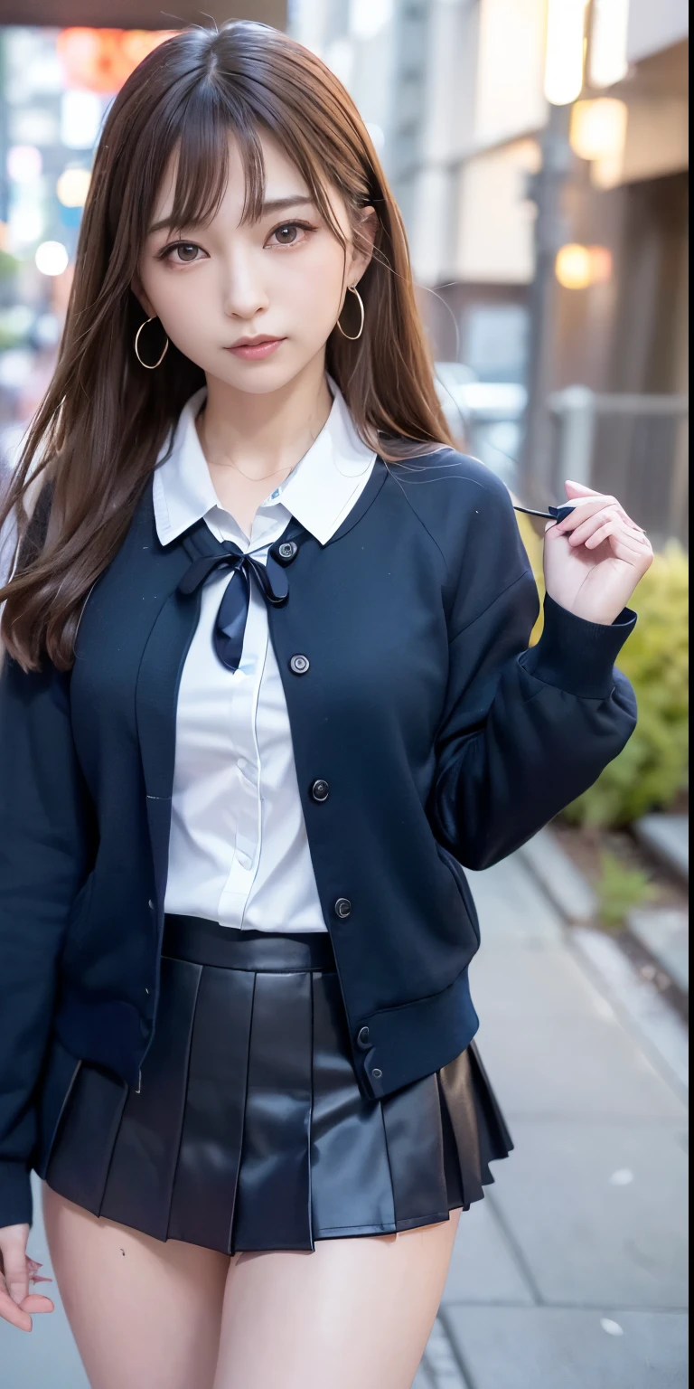 mix4, (16 K, Raw photography, Top image quality, masterpiece: 1.45), (realisitic, Photorealsitic: 1.37), one girls, cute little, A city scape,, profetional lighting, photon maping, school classrooms, physically-based renderingt, dark brown hair,pony tail hairstyle, Well-groomed and beautiful eyes、((double eyelid))、Transcendent Cute Girl, (((student clothes、blazers、Long sleeve shirt worn by Japan high school girl、Ribbon Ties、Dark blue mini skirt,、Dark blue socks、Black loafers))), Top Quality Photos, hight resolution, 1080p, (clearface), (Detailed face description), (Detailed hand description), (masterpiece), (Exquisite CG)、extreme light and shadows、dishevled hair、master work、abundant detail、(Fine facial features)、(top quality photo)、(masuter piece)、(A detailed eye)、Look in front of you、Fine clavicle、((Slender big))、(((Japan schoolgirls wear jackets and long-sleeved shirts)))、((Neat and clean idol))、((School Gate、school ground、School building in the background))、(Shooting from random perspectives)、(((Anyway cute)))、earrings、A big smile、Drawing the whole body from the knees、Do not draw nasolabial folds、(((Sports bags used by Japan schoolgirls)))、(Big breasts that hang down big:1.2)、Big buttocks with tension、Two arms and two legs、(((from the front side:0.7)))、bare hand、(((Left and right symmetrical eyes)))、Standing Pose、Put your hands on your desk、Do not take the tie out of the jacket、Raise your buttocks:1.5,barebacked:1.5,