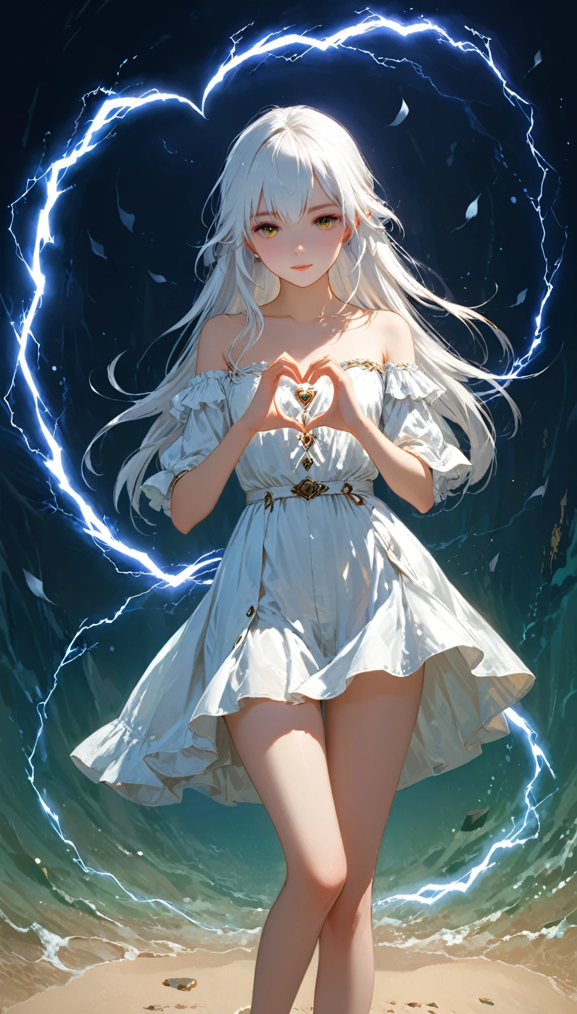 character design by Liu Ye,Edwin Austin Abbey,1girl,(heart hands:1.3)
BREAK
(long white hair:1.2),(white eyes:1.2),(white clothes:1.2),perfect feet,slender legs,
BREAK
ring lightning,(pose:1.4),(the lines of movement of the wind:1.1),
BREAK