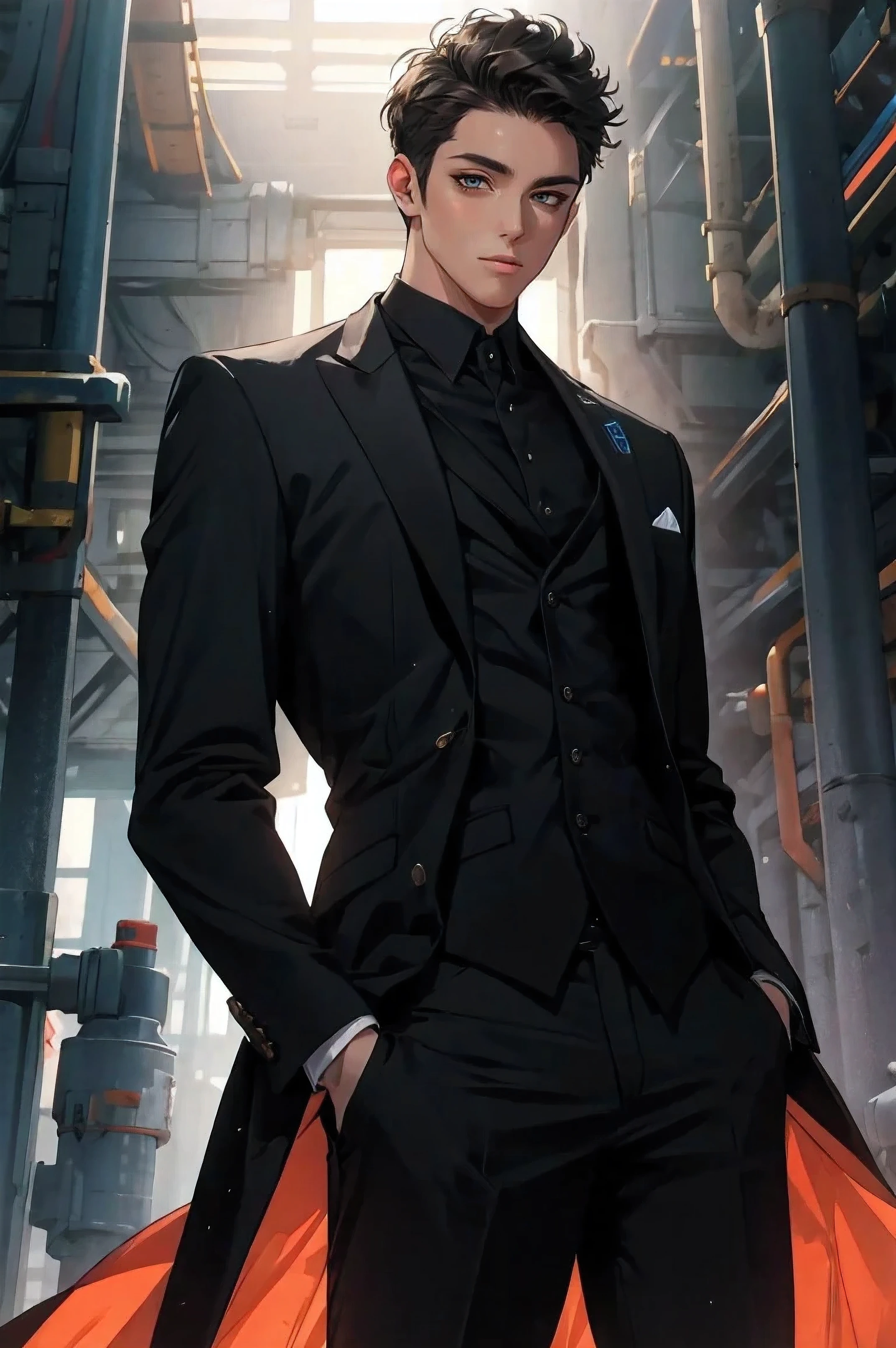 masterpiece, glowing,1 man, wrenchelegadome, black suit