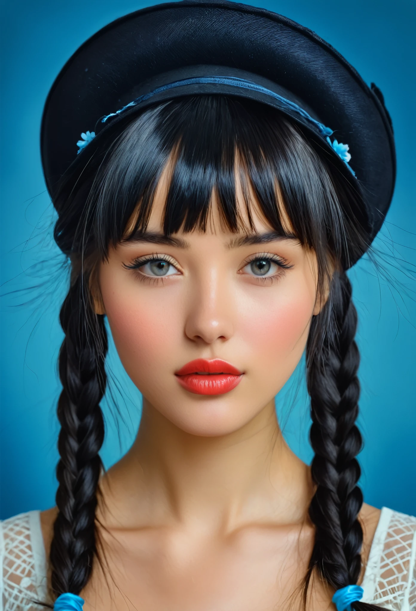 (masterpiece, best quality:1.2), bellissima 1girl, solo, long hair, looking at viewer, bangs, black hair, hat, braid, flower, parted lips, twin braids, lips, blue background, portrait, bouquet, realistic