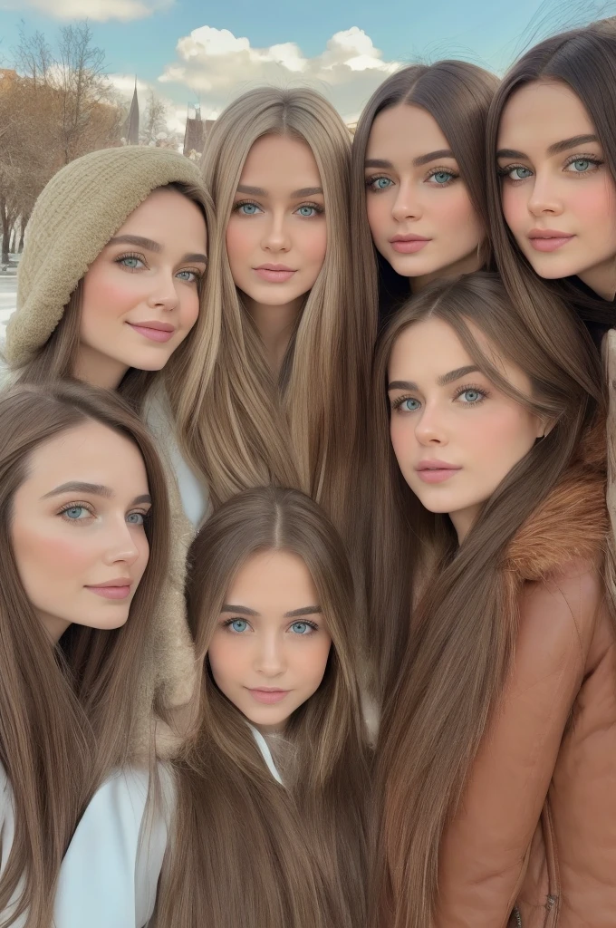 Professional photograph, best quality, 8K, hyper detailed, half body, A close up portrait of four gorgeous, beautiful, wonderful women, argentinian, russian croatian and serbian females together posing for the camera. All girls have super long hair, serbian and argentinian girl has dark brown hair, croatian girl has light brown hair, and russian girl has blonde hair. They are wearing winter outfits, all girl are wearing leather jackets. They are wonderful, dream, ethereal, timeless, majestic beauties from Argentina, Croatia, Russia and Serbia. One hispanic and three slavic females who are dream beauties who comes to the hearts. They're glad, smiling and enjoying a day at park in fall afternoon. True friendship, they pose happy for the camera.