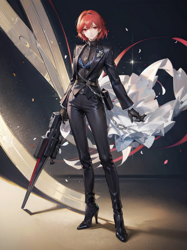 Black gloves, Formal suit, tie, Jacket, pants, absurdres, RAW photo, extremely delicate and beautiful, masterpiece, Best Quality, ultra high resolution, 32k, hyperrealistic, ultra-detailed, detailed description, pale skin, 20 years old, tearful mole, earring, short medium hair, wavy hair, whole body shot, Redhead, Red eyes, big tits,