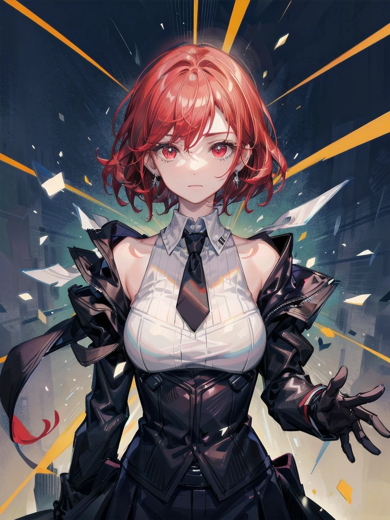 Black gloves, Formal suit, tie, Jacket, pants, absurdres, RAW photo, extremely delicate and beautiful, masterpiece, Best Quality, ultra high resolution, 32k, hyperrealistic, ultra-detailed, detailed description, pale skin, 20 years old, tearful mole, earring, short medium hair, wavy hair, whole body shot, Redhead, Red eyes, big tits,