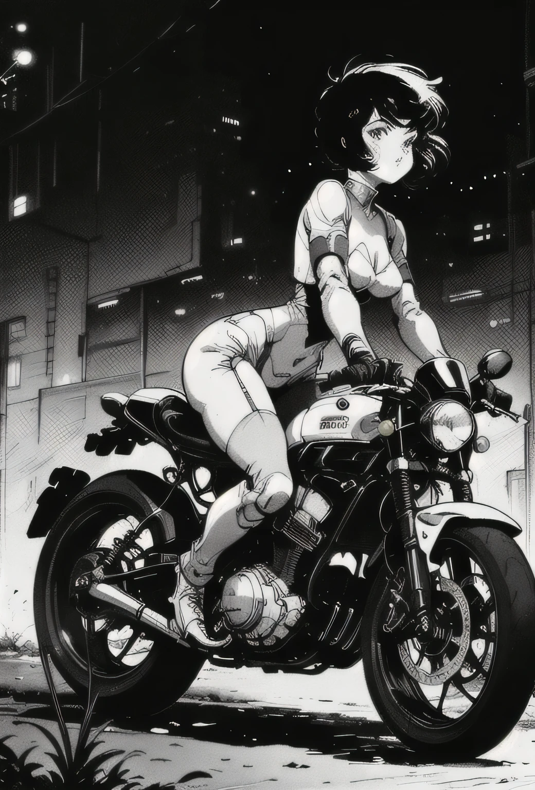 A beautiful robot girl with short black hair, in lingerie, riding a motorcycle, zooming down a street, cinematic view, full body shot, retro anime, black and white