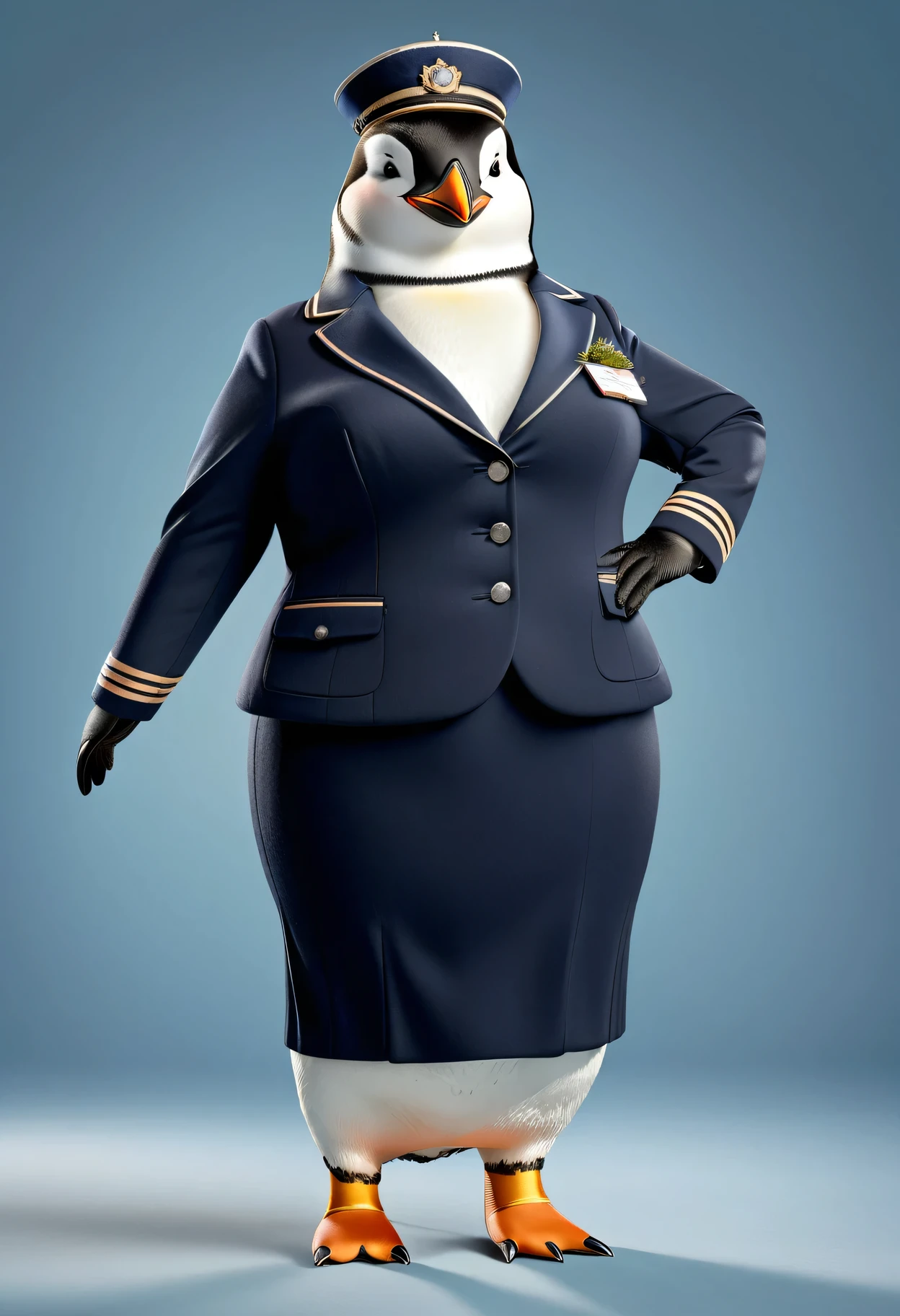 photorealistic portrait of Dressed animals - a ((fat)) penguin Flight attendant,(elegant pose),(happy smile),(), high quality,(lovely) ,intricate details, highly detailed (Flight attendant uniform), earrings,,, (happy), studio lighting,(full body image:2.0)