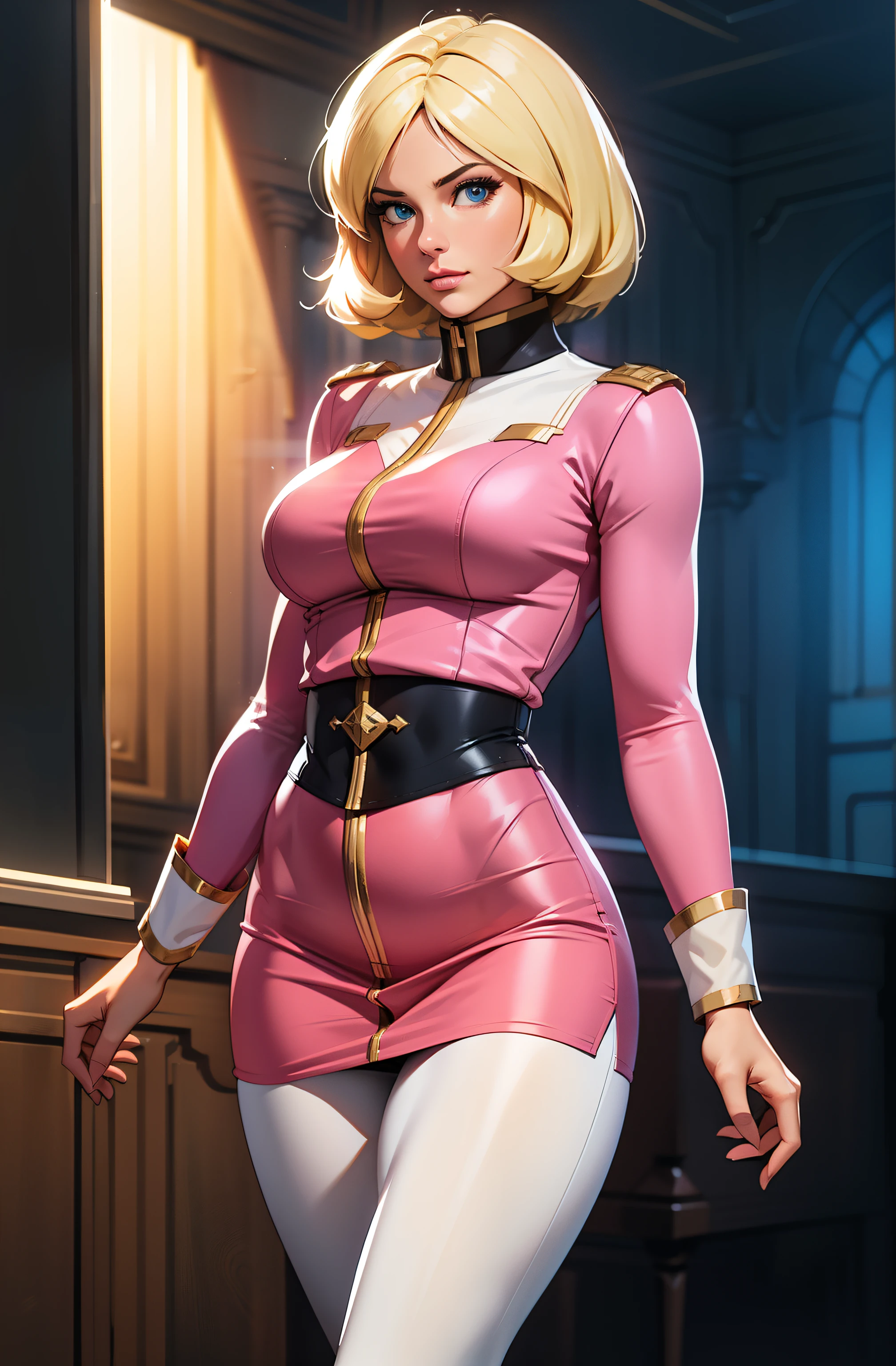 ((masterpiece)), ((cinematic lighting)), realistic photo、Real Images、Top image quality、1girl in, sayla mass, Elegant, masterpiece, Convoluted, slim arms, wide hips, thick thighs, thigh gaps, Best Quality, absurderes, high face detail, Perfect eyes, mature, Cowboy Shot, , Vibrant colors, soft pink uniform, soft pink Skirt, white tights, side view, looking at viewer