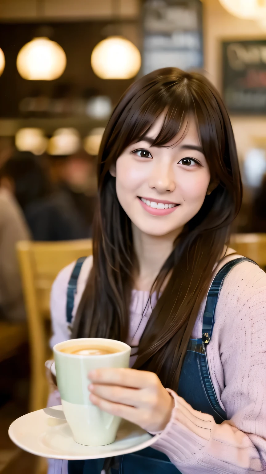 beautiful real Japanese girl, in the cafe, crowded cafe, wearing parka