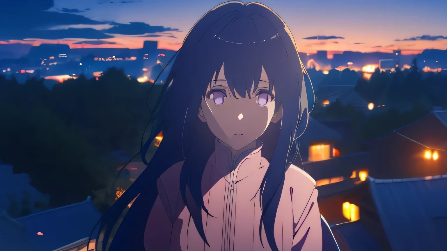 City。stroll。anime。Cute older sister。night。Blue Moment。Beautiful light blue night sky。anime style。Gentle lines。Head to waist。front。Looking into the camera。Please show me the wonderful scenery (highest quality, High resolution, Realistic), Vibrant colors, Professional Lighting.