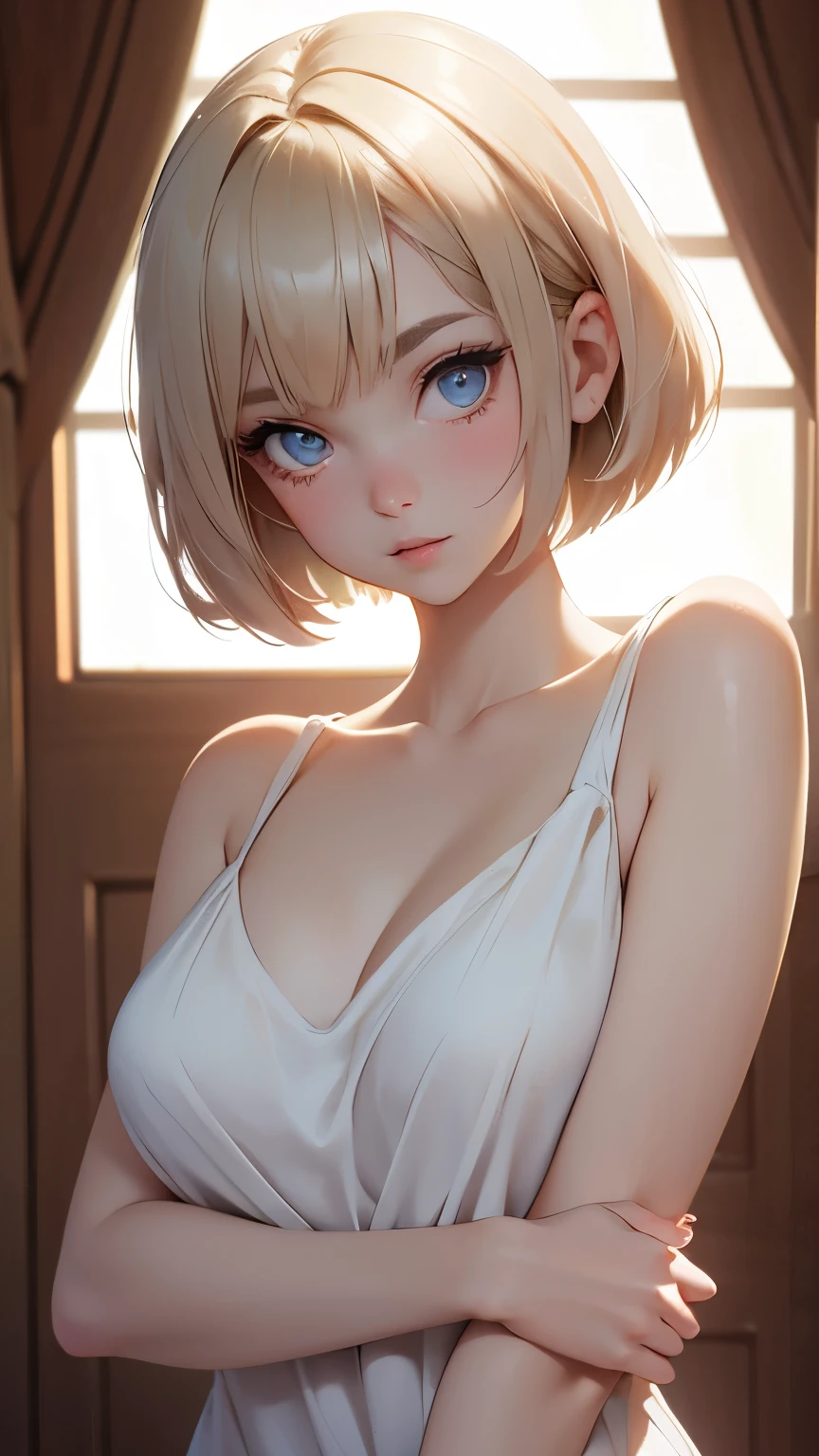 short hair, 前髪のあるshort hair, Woman with pretty face,Cute little face, French Bob, White skin, 短い茶色の髪とBig eyes, Full body portrait shot 8k, Beautiful light、Big eyes, Beautiful woman, Young woman with bob cut, Full Shot,Best image quality, Completely naked