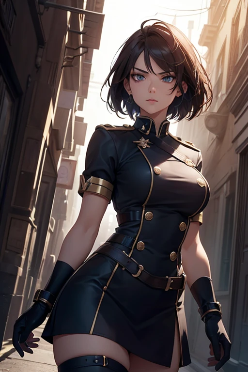 ​"masterpiece, top-quality, the Extremely Detailed CG Unity 8K Wallpapers, Ultra-realistic 8kCG, erfect artwork, The perfect female figure, Dramatic shadows, she is wearing a student girl uniform with a blue armband, She is a Commoner, with brown hair and eyes, despite her plain appearance, she has a certain rugged beauty. Her jawline is sharp and angular, giving her an intimidating glare, but her lips are full and plush in an alluring way. Her hair is cut short and choppy, but the way it falls around her face gives her a fierce and defiant air. you can see that the curves of her body are pronounced and well-defined band"
