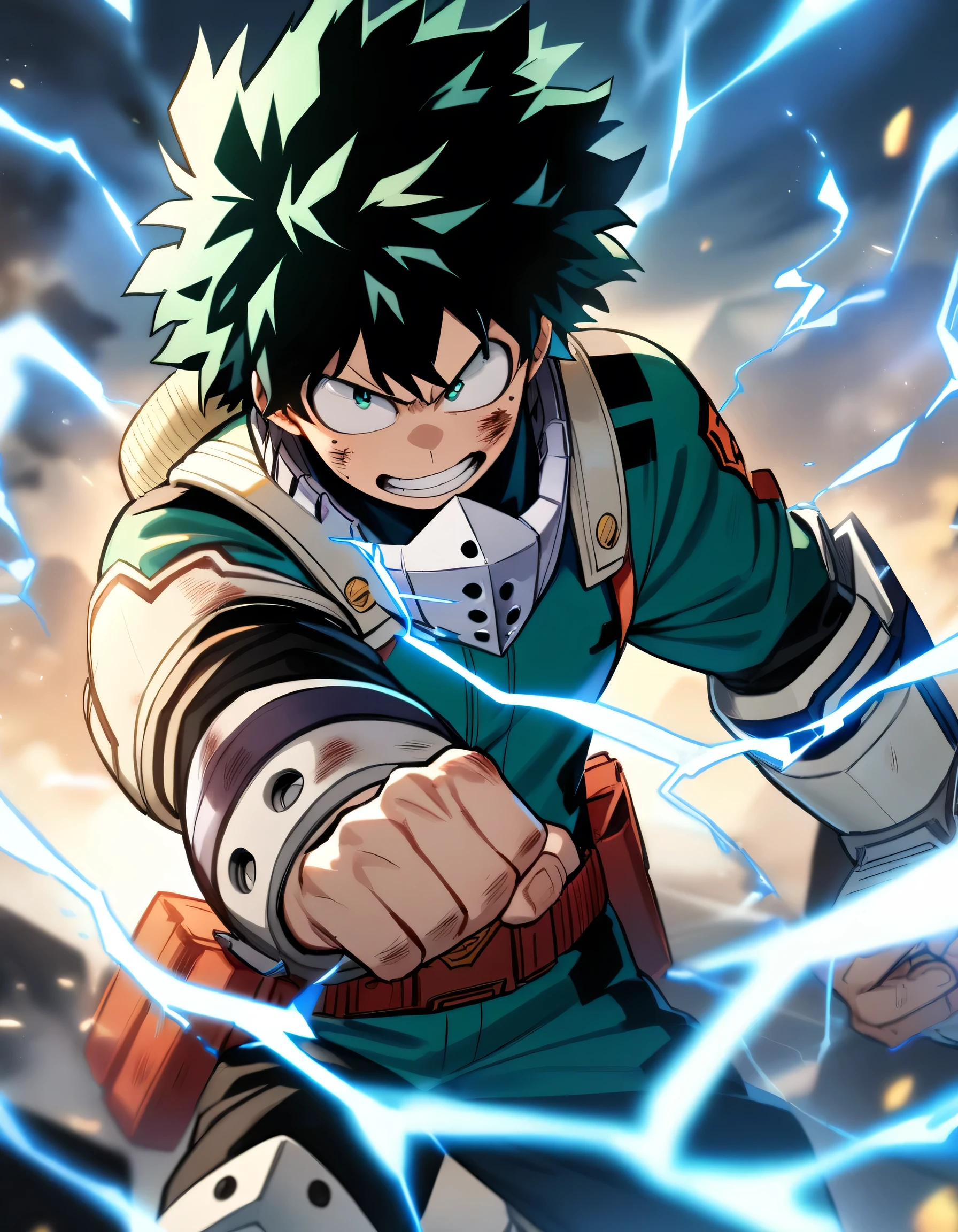 1boy, male focus, midoriya izuku, boku no hero academia, injury, electricity,, masterpiece, best quality, very aesthetic, absurdres