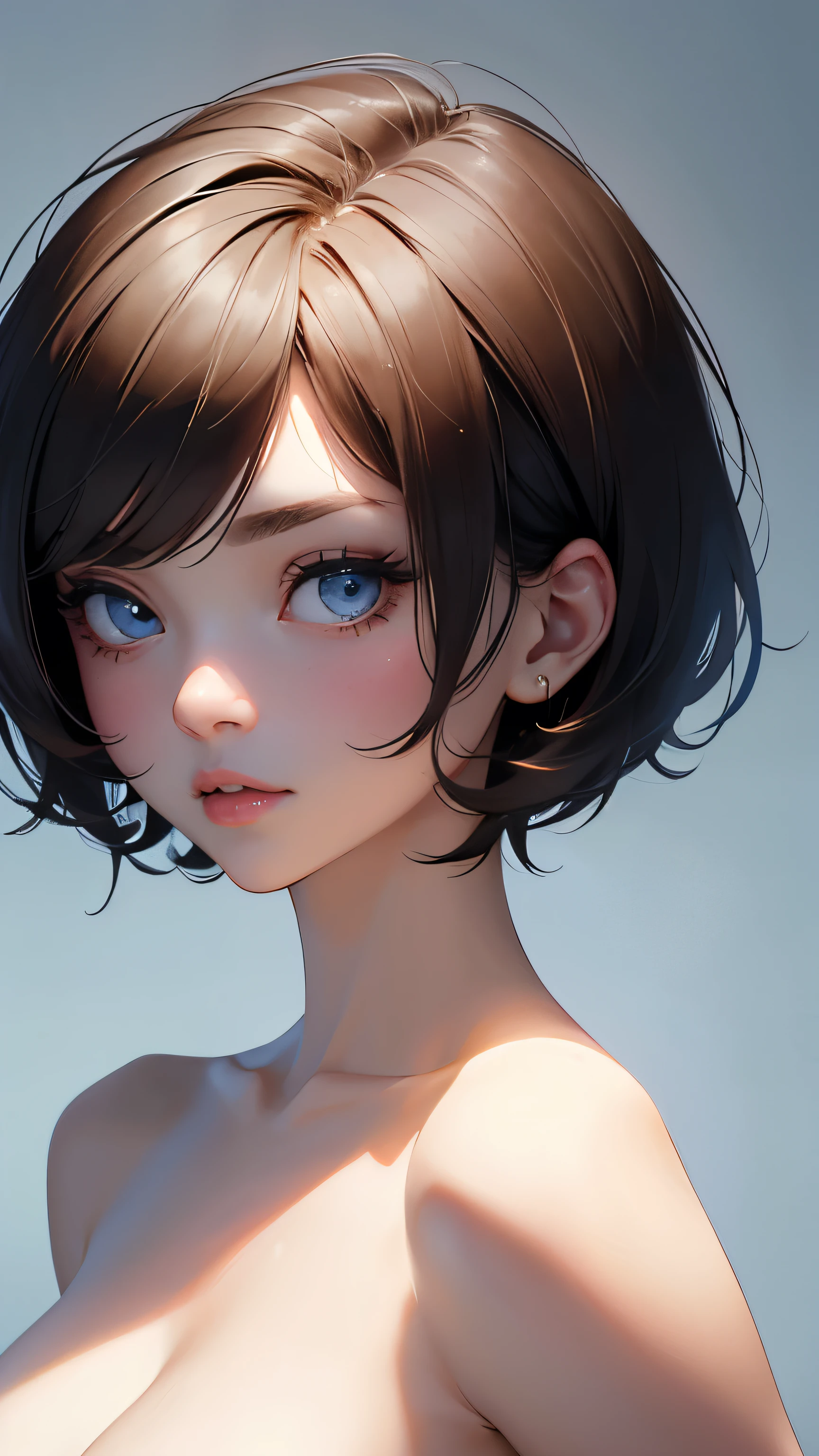 short hair, 前髪のあるshort hair, Woman with pretty face,Cute little face, French Bob, White skin, 短い茶色の髪とBig eyes, Full body portrait shot 8k, Beautiful light、Big eyes, Beautiful woman, Young woman with bob cut, Full Shot,Best image quality, Completely naked