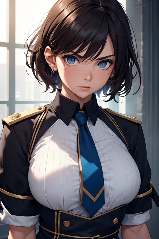 ​"masterpiece, top-quality, the Extremely Detailed CG Unity 8K Wallpapers, Ultra-realistic 8kCG, erfect artwork, The perfect female figure, Dramatic shadows, she is wearing a student girl uniform with a blue armband, She is a Commoner, with brown hair and eyes, despite her plain appearance, she has a certain rugged beauty. Her jawline is sharp and angular, giving her an intimidating glare, but her lips are full and plush in an alluring way. Her hair is cut short and choppy, but the way it falls around her face gives her a fierce and defiant air. you can see that the curves of her body are pronounced and well-defined band"