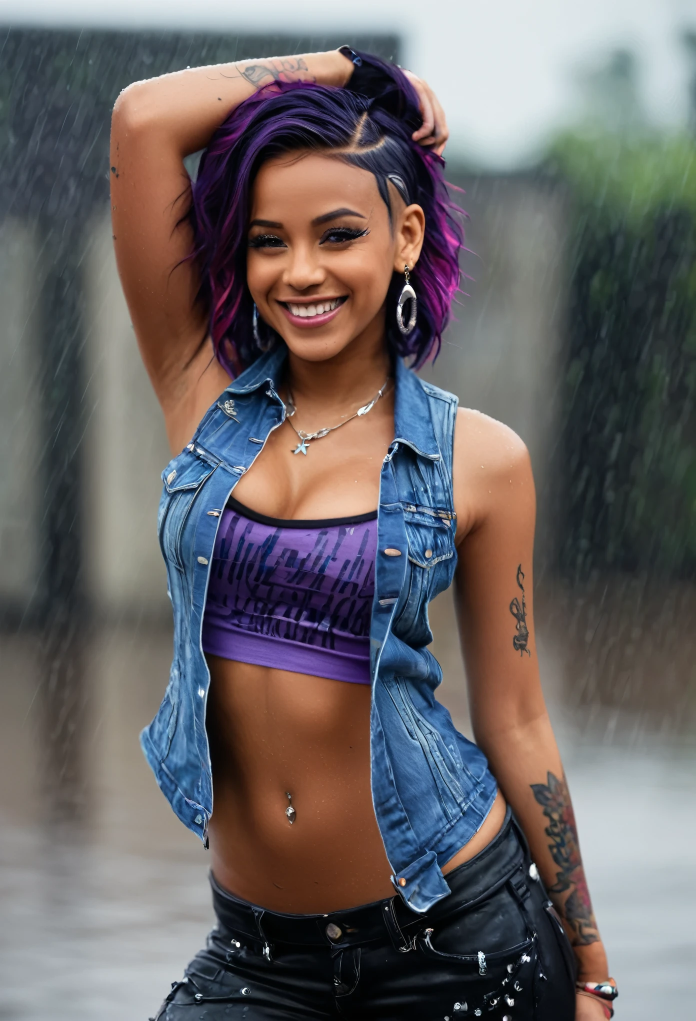 (masterpiece, best quality:1.2), bellissima 1girl, solo, long hair, breasts, looking at viewer, smile, shirt, black hair, navel, cleavage, jewelry, medium breasts, purple hair, multicolored hair, earrings, open clothes, teeth, sleeveless, midriff, pants, dark skin, necklace, mole, grin, blurry, vest, bracelet, two-tone hair, dark-skinned female, wet, tattoo, makeup, blurry background, piercing, tank top, denim, rain, realistic, arm tattoo, shoulder tattoo, navel piercing, eyebrow piercing
