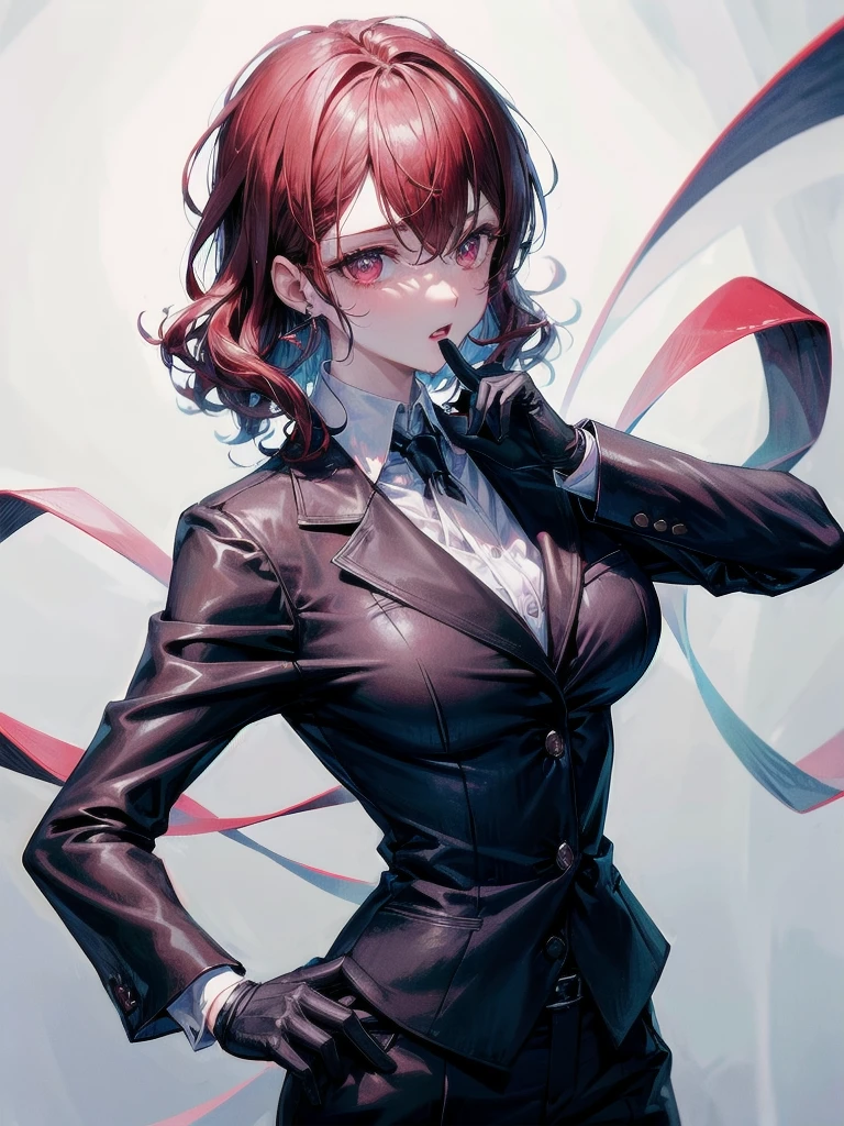 Black gloves, Formal suit, tie, Jacket, pants, absurdres, RAW photo, extremely delicate and beautiful, masterpiece, Best Quality, ultra high resolution, 32k, hyperrealistic, ultra-detailed, detailed description, pale skin, 20 years old, tearful mole, earring, short medium hair, wavy hair, whole body shot, Redhead, Red eyes, big tits,