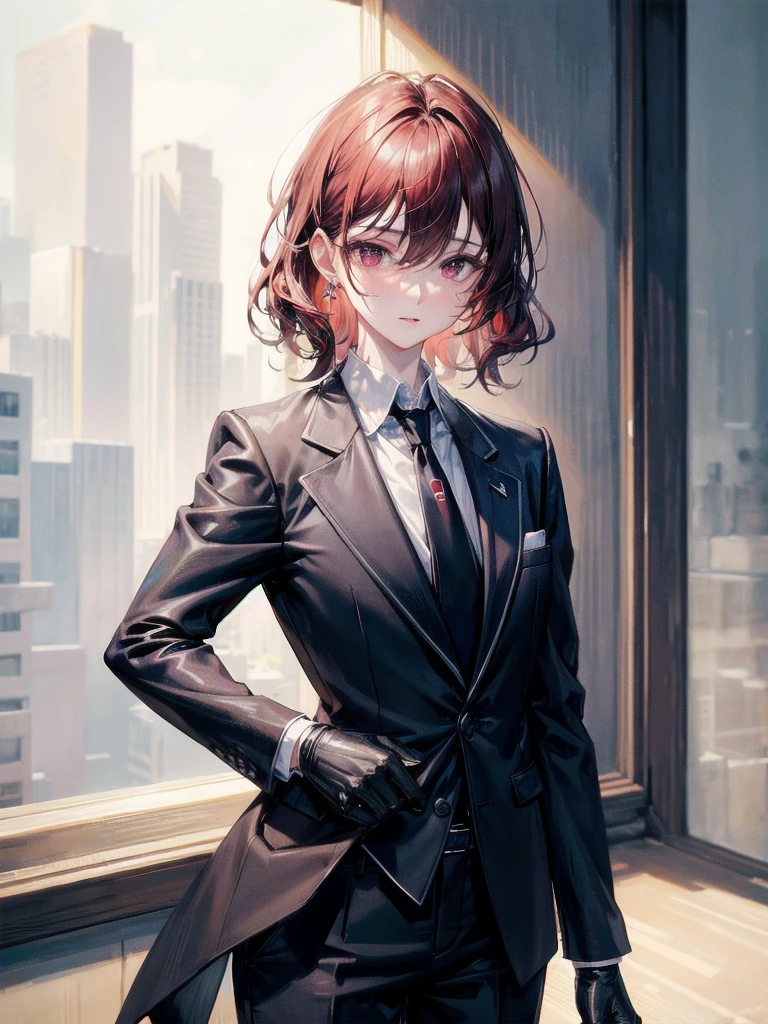 Black gloves, Formal suit, tie, Jacket, pants, absurdres, RAW photo, extremely delicate and beautiful, masterpiece, Best Quality, ultra high resolution, 32k, hyperrealistic, ultra-detailed, detailed description, pale skin, 20 years old, tearful mole, earring, short medium hair, wavy hair, whole body shot, Redhead, Red eyes, big tits,