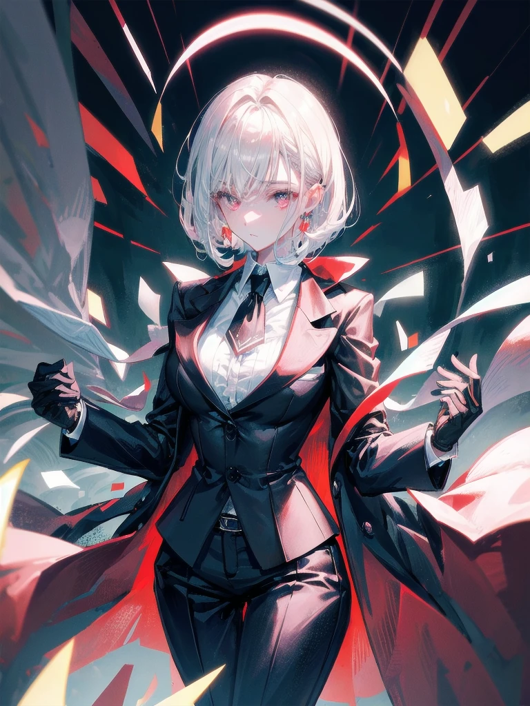 Black gloves, Formal suit, tie, Jacket, pants, absurdres, RAW photo, extremely delicate and beautiful, masterpiece, Best Quality, ultra high resolution, 32k, hyperrealistic, ultra-detailed, detailed description, pale skin, 20 years old, tearful mole, earring, short medium hair, wavy hair, whole body shot, Redhead, Red eyes, big tits,