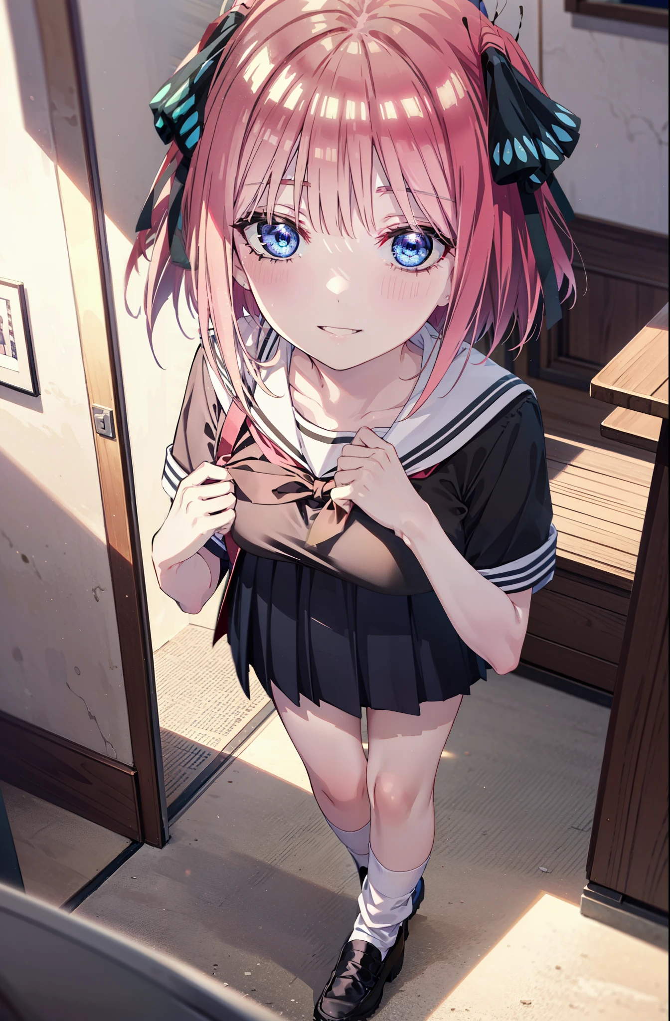 I was silent, nino nakano, Short Hair, bangs, blue eyes, hair ornaments, Hair Ribbon, Pink Hair, blunt bangs, Both sides up, butterfly hair ornaments,smile, Grin,Big Breasts,Japanese schoolgirl(Sailor suit),Short sleeve,Black pleated skirt,White loose socks,Brown Loafers,Daytime,sunny,whole bodyがイラストが入るように,Looking down from above,
break indoors, coffee shop,
break looking at viewer, whole body,
break (masterpiece:1.2), highest quality, High resolution, unity 8k wallpaper, (shape:0.8), (Beautiful details:1.6), Highly detailed face, Perfect lighting, Highly detailed CG, (Perfect hands, Perfect Anatomy),