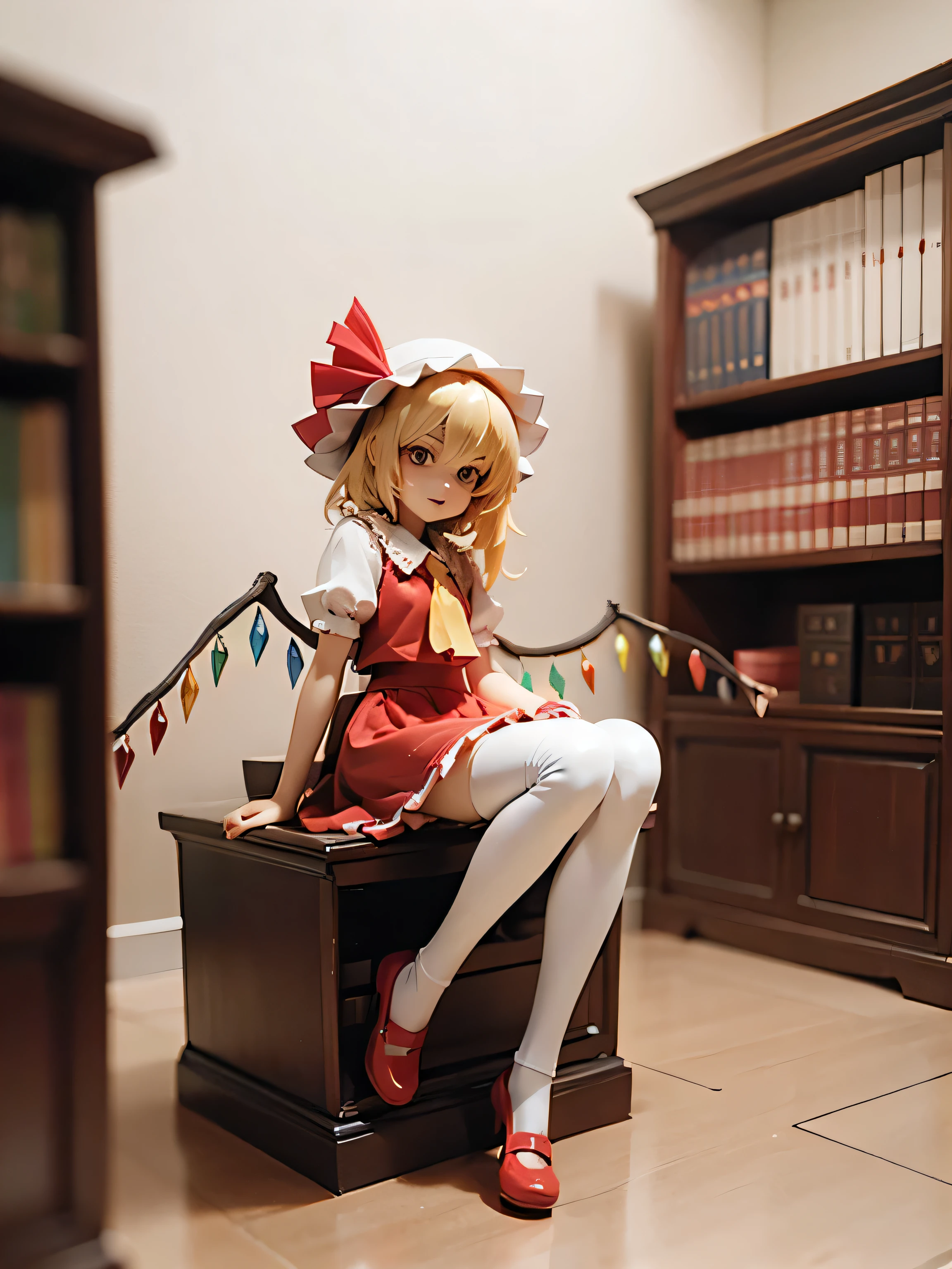 Flandre Scarlet、Touhou Project、Young、lovely、White Knee Highs、Crouch、slender、Drawers、Red Shoes、library