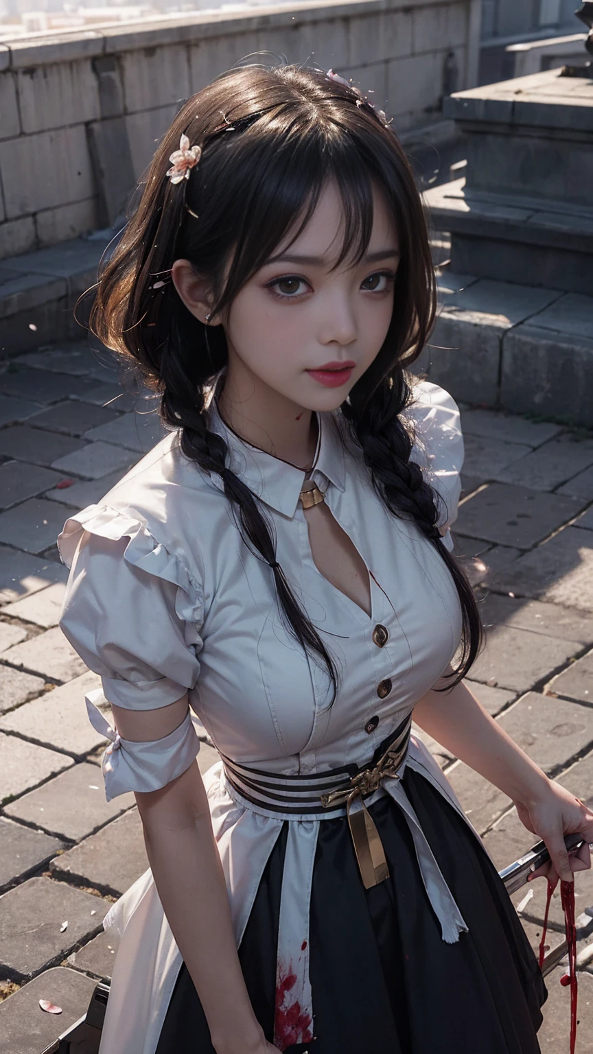 bishoujo,fair_skin,slender,,light_blush,lipstick,smile,afloat,huge filesize,wallpaper,sky,golden hour lighting,cathedral,full_shot,from_above,maid,Blood Mist, background Urban rooftop,despair,Blood Cherry Blossom,torn clothes,crying with eyes open,solo,Blood Rain,bandages,Gunpowder smoke,beautiful deatailed shadow, Splashing blood,dust,tyndall effect,