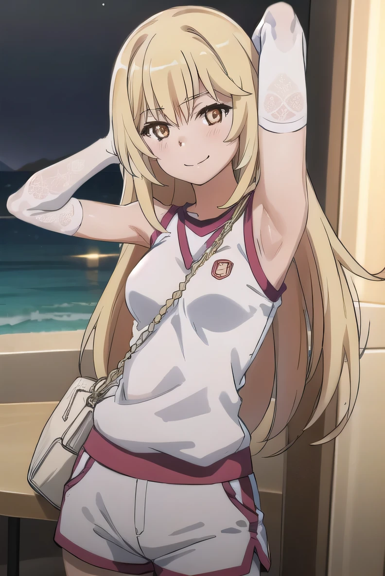 misaki shokuhou, solo, 1girl, tokiwadai, gym uniform, gloves, white gloves, elbow gloves, sleeveless, shirt, shorts, sleeveless shirt, gym shorts, white shorts, white shirt, gym shirt solo, (cowboy shot:1.5), night sky, beach, arms behind head, contrapposto, spread armpits, looking at viewer, best quality, closed mouth, smile, blushing,