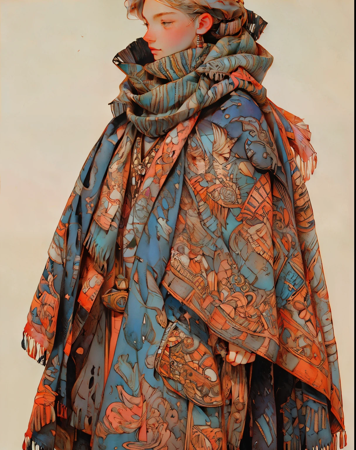 1 short person, Final Fantasy mimic character class, wrapped in patchwork patterned scarves and quilts, cross wrapped scarves, many layers of scarves and quilts, large beads and tassels, body and face wrapped in various patterned quilts and scarves. only their eyes are visible, heavy eyeliner, androgynous face, only clothing is wrapped scarves and quilts, ((entire body image)), beautiful elaborate steampunk backfround , game art book style, pen and ink outline, gauche and watercolor painting, pen and ink outlines and details, Akihiko Yoshida Style art, 8k image, gorgeous artwork, masterful painting, whimsical drawing,