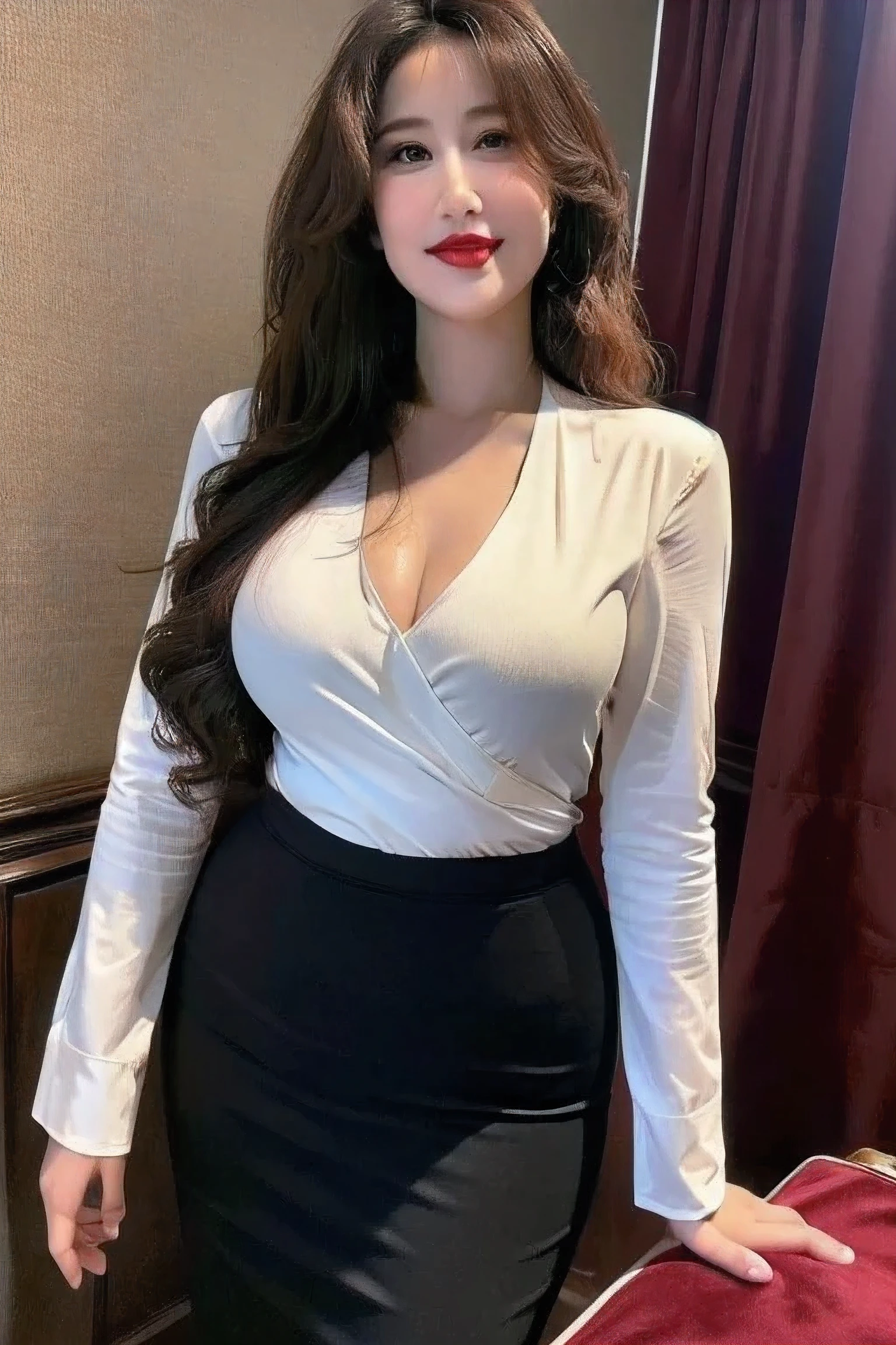 ((Top quality、8K、masterpiece:1.3))、Clear focus, High level of image quality, high resolution,shirt,business attire,37-year-old female,Long wavy hair,Mature,Charming smile,Drawing lips correctly, Red lipstick,Standing,Chubby body,Large Breasts,Office interior background,full-body shot