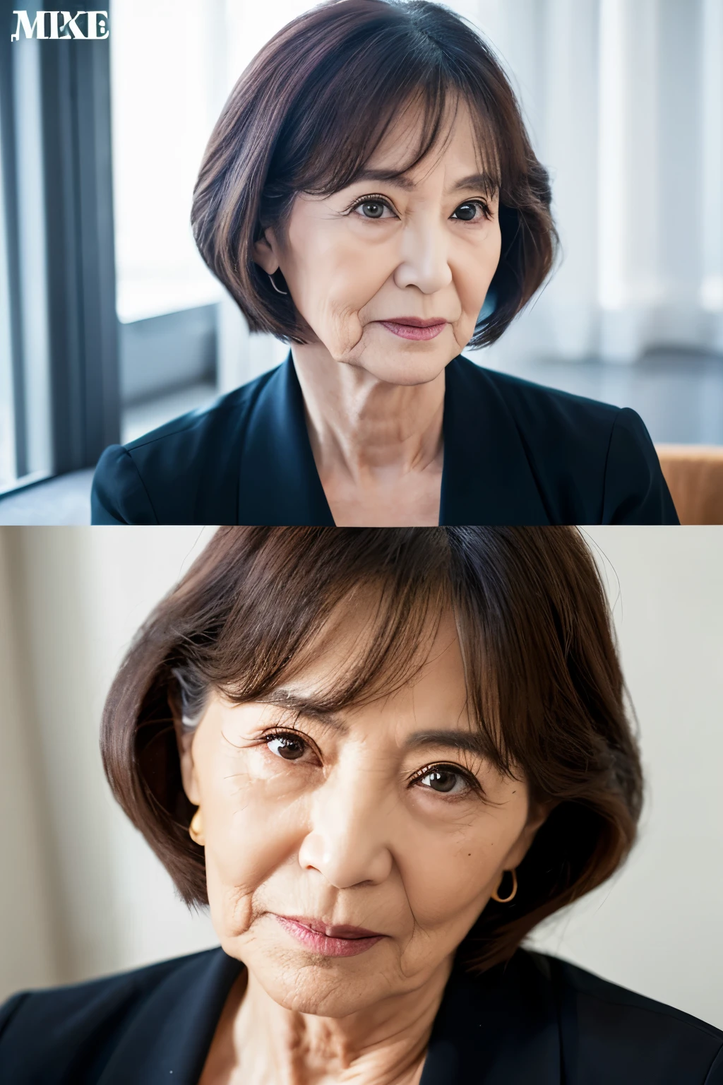 Grandmother、65 years old、woman、Short hair、Heavy makeup、face