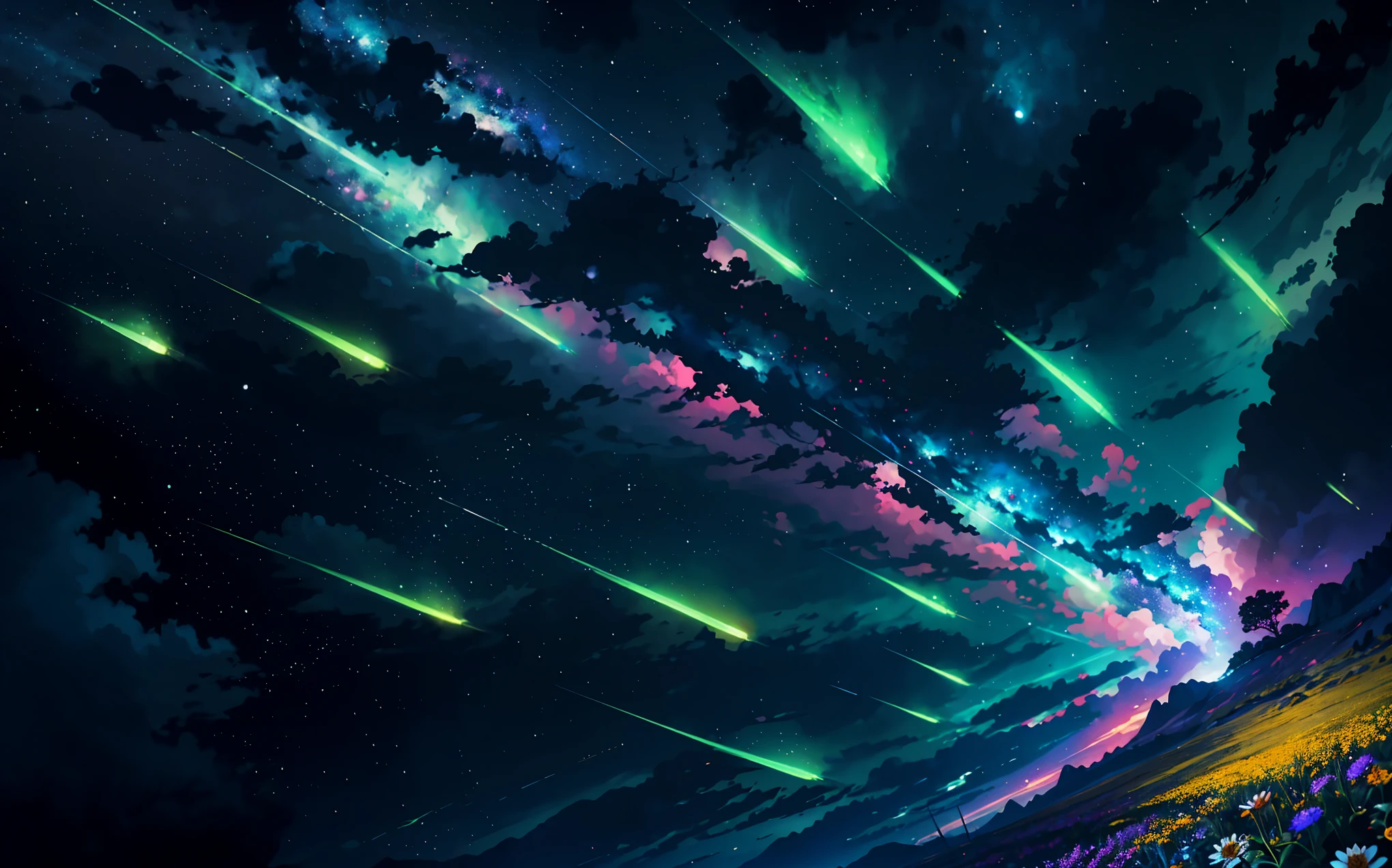 Vast landscape photography，(美しいmeteor群) , meteor群の下には無数の雲,, Flower field under the stars, （View from below，Above is a fantasy sky，Below is an open field），（meteor：0.9），（Star Cloud：1.3），Fir Mountain, Tree BREAK Making Art，（Warm light source：1.2），（fire Fly：1.2），The lamp lights up , Lots of purple and orange，Intricate details，Volumetric Lighting Break（masterpiece：1.2），（Better Quality）,,,, Divinity，4K，Super detailed，（Dynamic configuration：1.4），Rich in details，Infinite Colory heart is laughing：1.2），（In bright light，Atmospheric lighting），(Jesus appears in the air: 1.2) , magicの夢，magic，（alone：1.2）