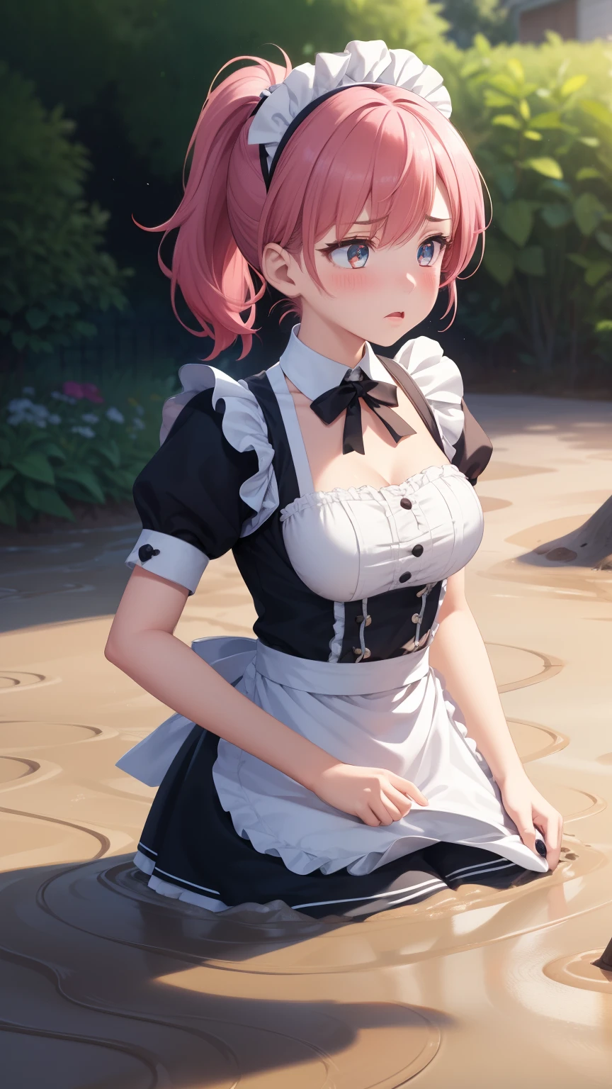 1girl, natural lighting, masterpiece, highly detailed, illustration, game CG, absurdres, high quality, aichan, large breasts, beautiful detailed eyes, medium bright pink hair, ponytail, bangs, glossy lips, blush, garden, upset, (quicksand:1.2), maid, short puffy sleeves, small maid apron