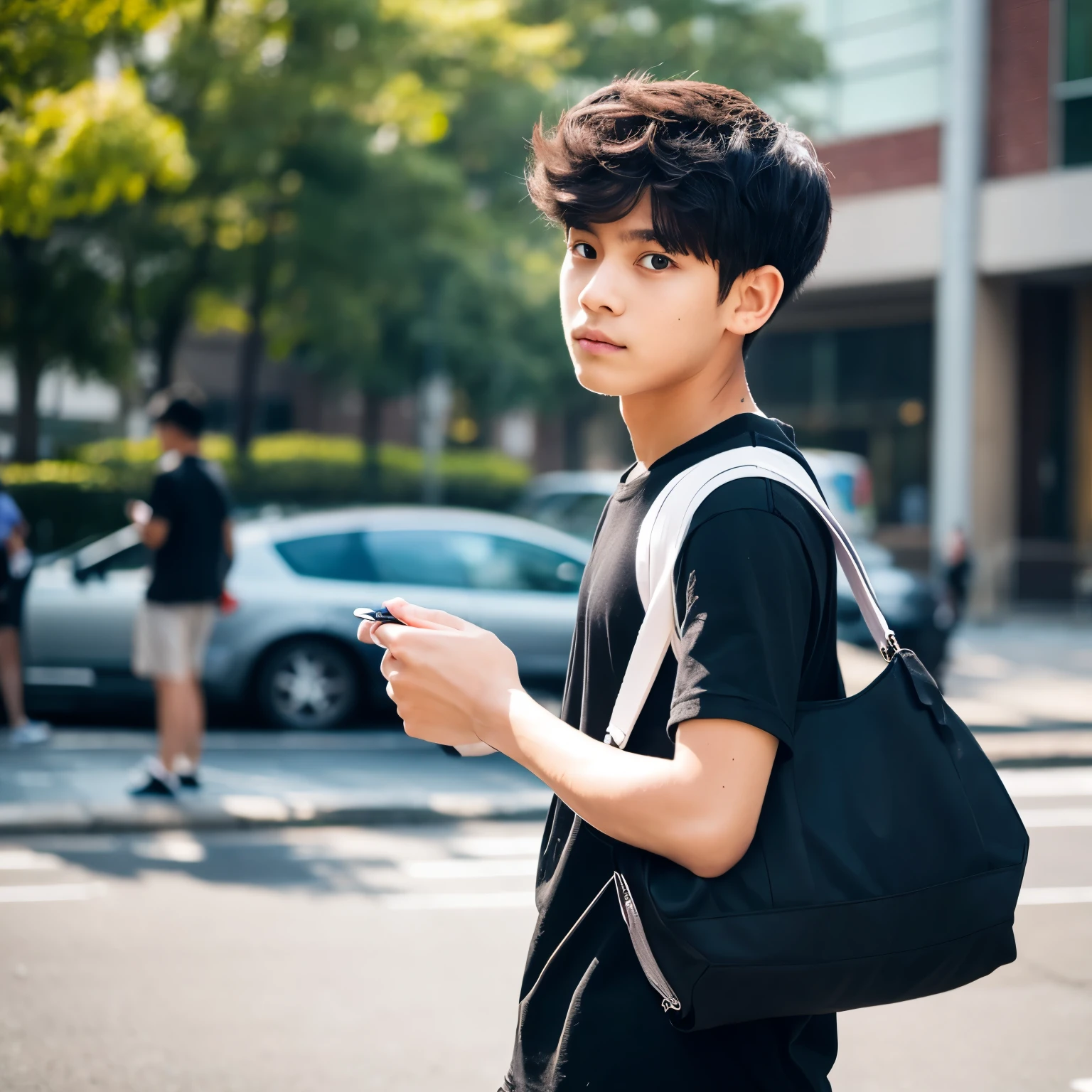 Teenage boy wear black shirt with his bag 