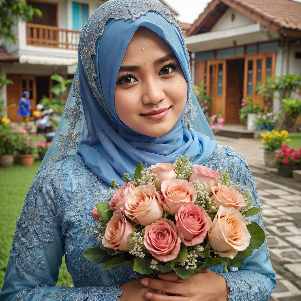 potret indonesia, pipi tembem, istri memakai gaun pengantin warna biru berhijab syar'i, memegang buket bunga mawar, latar halaman dengan dekorasi bunga yang indah dan gedung, photography, HDR, 100k