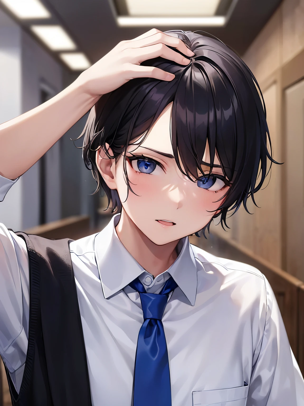 masterpiece, highest quality, (28-year-old male: 1.5) and (Black short hair) and (blue eyes) , (White collared shirt:1.5)and(Blue tie:1.1), standing, The background is an office corridor.、Alone、Anxious expression、(Holding one’s head:1.5)、I'm in a frenzy、hand on own head、Cinema Angle