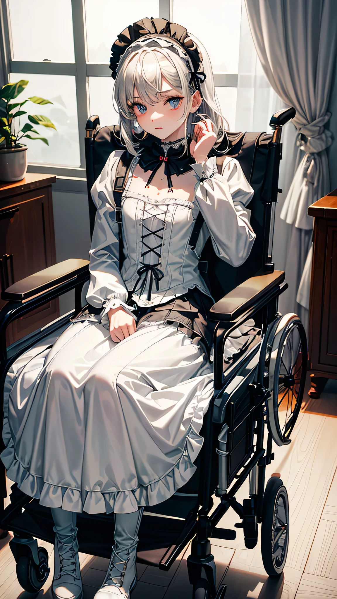 (ultra-detailed, realistic), hospital scene, [medium:oil painting], [professional:1.1], [physically-based rendering], [vivid colors], [sharp focus], [studio lighting], [extreme detail description], [best quality,4k,8k,highres,masterpiece:1.2],(cowboy shot),inside the house,inside the room,((one 18 years old boy,femboy,trap,flat chest)),((ride in an electric wheelchair)),((operate a power wheelchair)),(long shiver hair),(gloomy), [streesed eyes],((gothic ta fashion, white gothic 
 loliress, white gothic long boots))