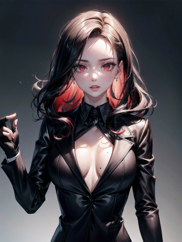 Black gloves, Formal suit, tie, Jacket, big tits,absurdres, RAW photo, extremely delicate and beautiful, masterpiece, Best Quality, ultra high resolution, 32k, hyperrealistic, ultra-detailed, detailed description, pale skin, 20 years old, tearful mole, earring, short medium hair, wavy hair, whole body shot, Redhead, Red eyes, 