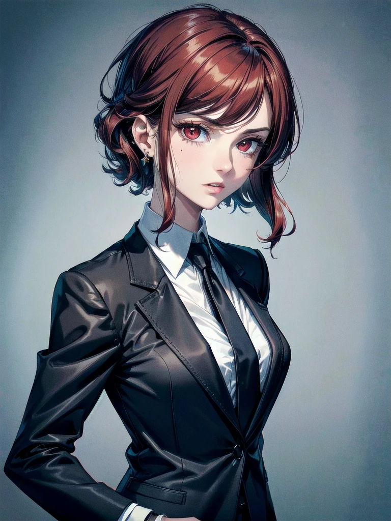 Black gloves, Formal suit, tie, Jacket, big tits,absurdres, RAW photo, extremely delicate and beautiful, masterpiece, Best Quality, ultra high resolution, 32k, hyperrealistic, ultra-detailed, detailed description, pale skin, 20 years old, tearful mole, earring, short medium hair, wavy hair, whole body shot, Redhead, Red eyes,