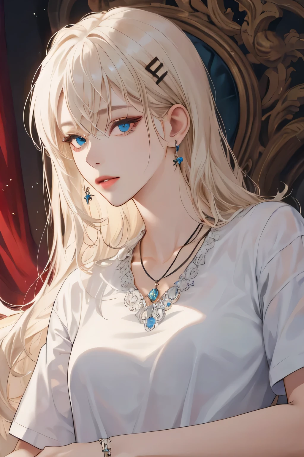 (extreamly delicate and beautiful:1.2), 8K,(masterpiece:1.0),(best_quality:1.0), 1 girl,model and intricate detailing, Enlarged textures, and intricate detailing, finely eye and detailed face, and intricate detailing, shiraga, platinum blonde curls long hair, (closed mouths), Perfect eyes, Equal eyes, carolina eyes (A famale god) with white polo shirt and red maroon short skirt, carolina eyes perfect, perfect, earing, hairpin, perfect body, sexy body, carolina blue perfect eyes, lips nude, necklace, 