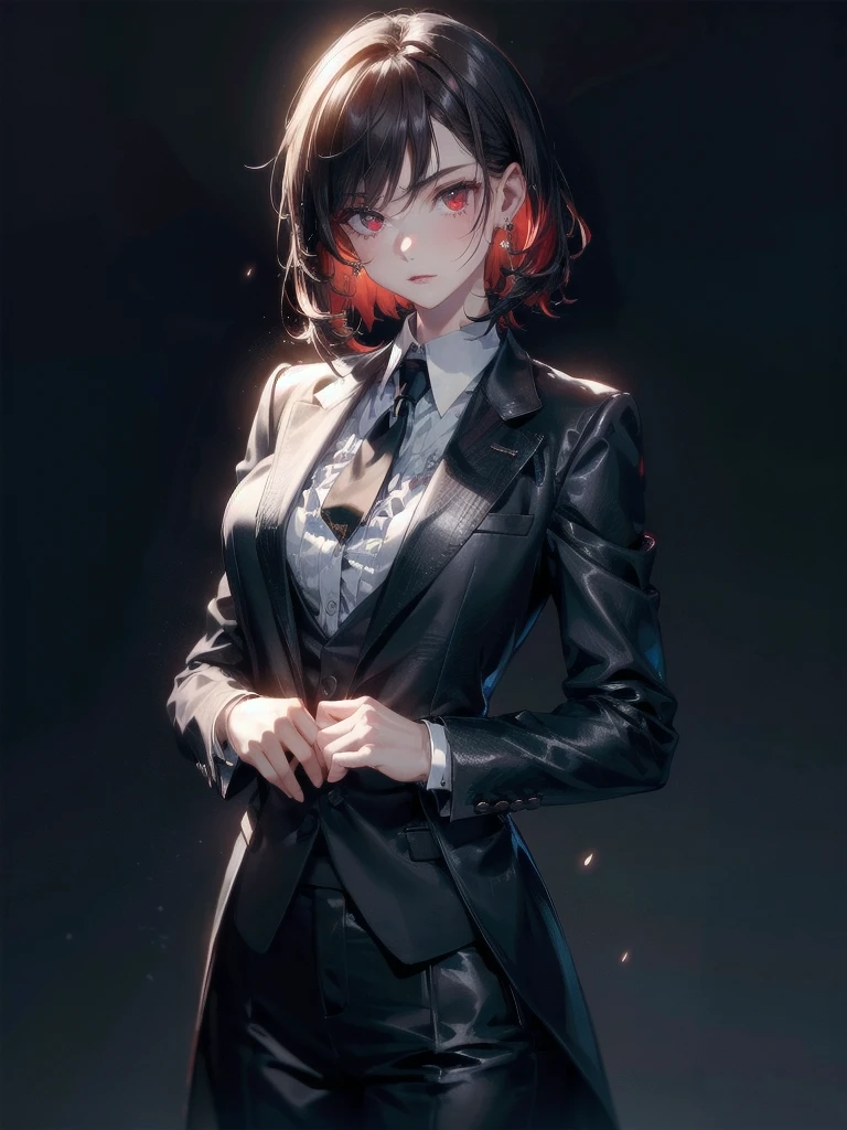 Black gloves, Formal suit, tie, Jacket, big tits,absurdres, RAW photo, extremely delicate and beautiful, masterpiece, Best Quality, ultra high resolution, 32k, hyperrealistic, ultra-detailed, detailed description, pale skin, 20 years old, tearful mole, earring, short medium hair, wavy hair, whole body shot, Redhead, Red eyes,
