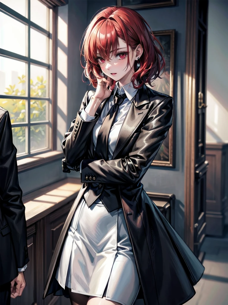 Black gloves, Formal suit, tie, Jacket, big tits,absurdres, RAW photo, extremely delicate and beautiful, masterpiece, Best Quality, ultra high resolution, 32k, hyperrealistic, ultra-detailed, detailed description, pale skin, 20 years old, tearful mole, earring, short medium hair, wavy hair, whole body shot, Redhead, Red eyes,
