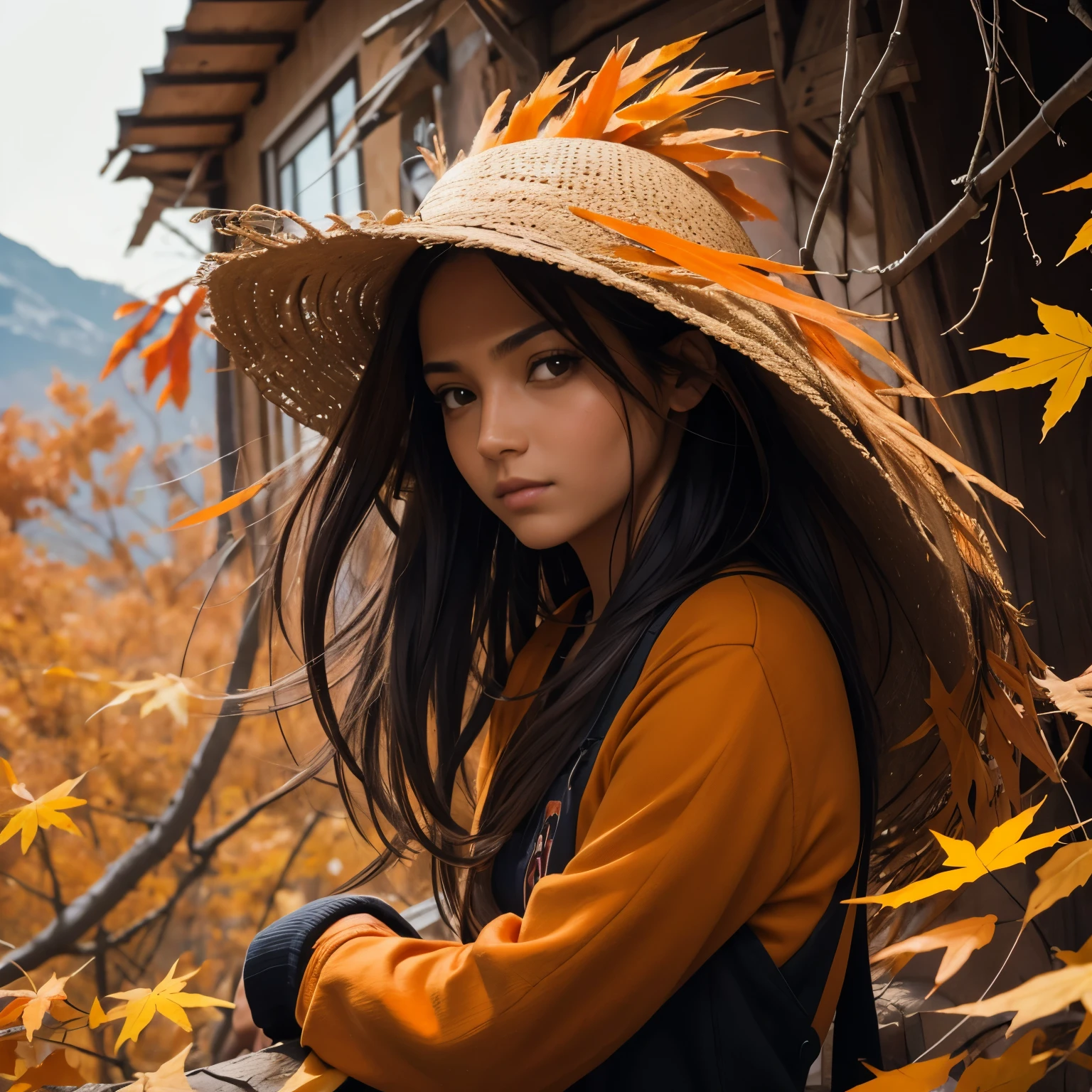 Chica, cabello largo negro con naranja, peinado de lado, in autumn, with a phoenix