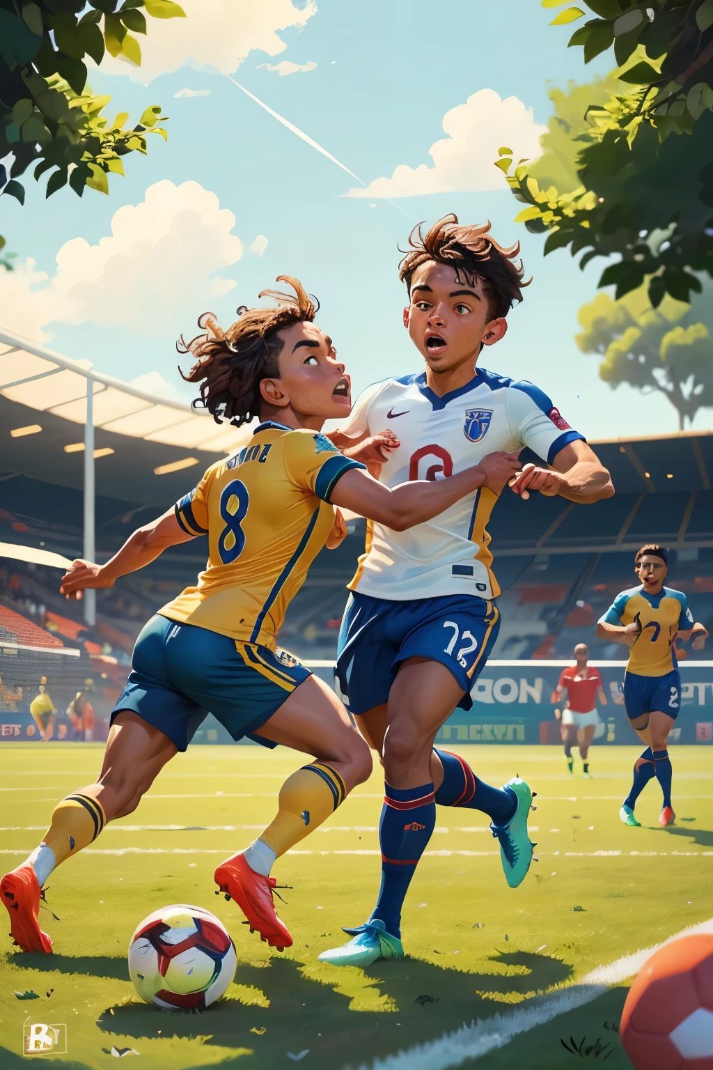 ((melhor qualidade)), ((Obra de arte)), (detalhado), dois amigos jogando futebol mesmo time