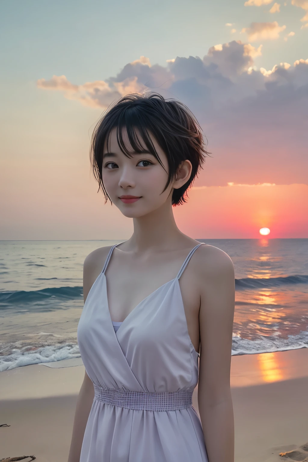 1 girl、Japanese 17 year old beautiful girl、Bright expression、((Very short short hair)) 、1 girl、Small face、Cute face、Gray hair:1.5、Bob、short hair、looking at the camera、Small breasts、An ennui look、(((camisole、one piece)))、Particles of light、Sunset sea、Calm sea、White sand beach、Very beautiful sunset、RAW Photos、highest quality、High resolution、High resolution、masterpiece：1.3、８ｋ、１２ｋ、Professional photographer、